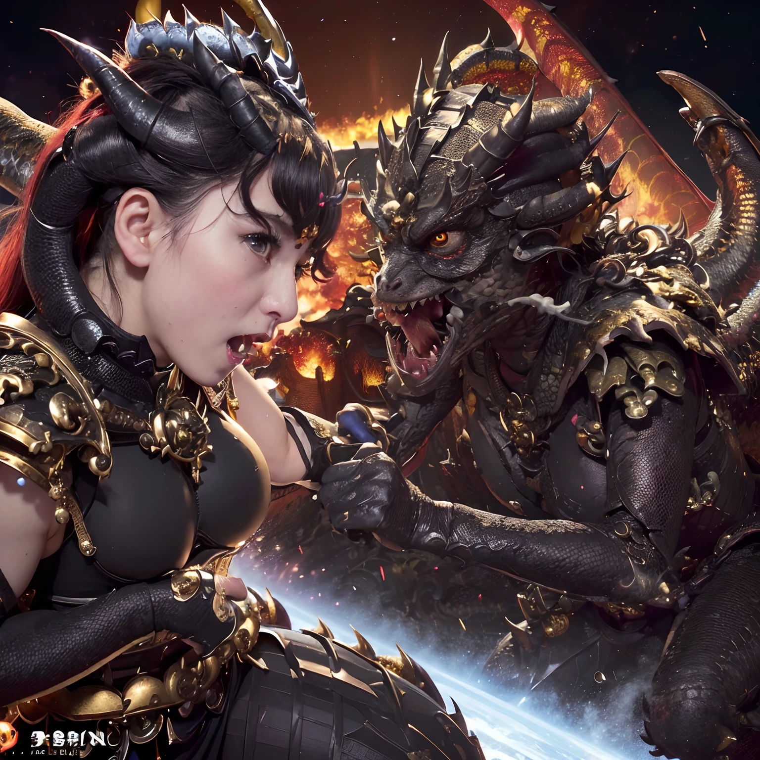 (The Ultimate Beauty Face), Professional , ​masterpiece、top-quality、photos realistic , depth of fields （Gemstone Black Metal Body:1.4),(Matte Gold、（cleavage of the breast）、Dragon Gold Weapon,Mystical expression、Particles of light、((((Fight dragons)))、（Dragon Metal Body:1.４),Gorgeous gold weapons ,（（ Dragon's dense and gorgeous sword）） , Beautiful knife   ,warhammer 40k , adepta sororitas,Detail and gorgeous crown、（（Red hair））、（Castle background）、、（（Gangle's forest background））、Beautiful Caucasian beauty、１a person、dynamic ungle,(((Detailed and ornate Black Devil Crown)))、Smaller head、A smile、Castle background、Thin and beautiful female hands、cleavage of the breast、Soldier in iron armor on background、Mystical expression、Light Effects、intense fighting、Wind-effect、magic circles、With the legendary magic wand、（demonic wings）、