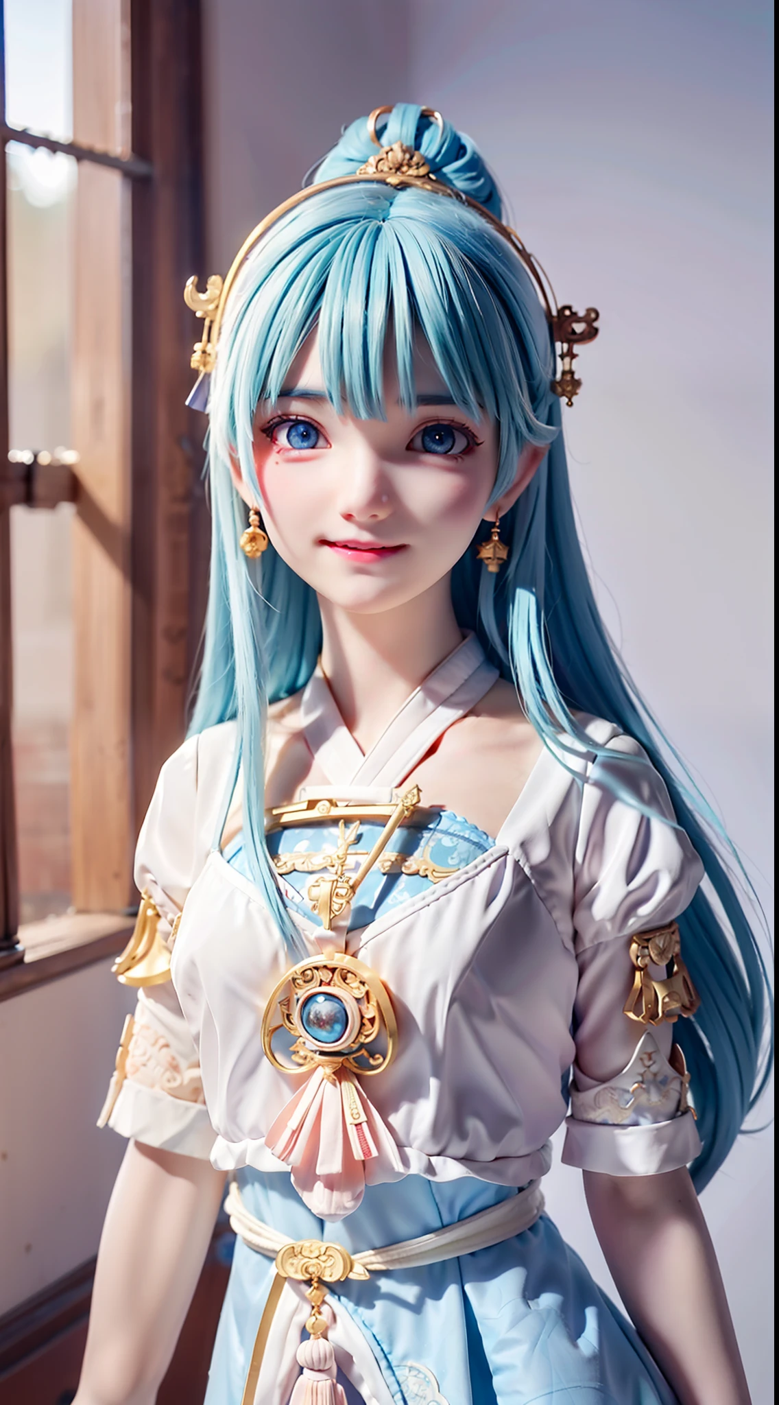 Chinese hair bun, Oriental antique, Cute and beautiful {Russian} Blue eyes ??? girl in spaceship and spaceship,As well as UFOs wearing clothes with geometric sacred symbols, In Earth orbit, Northern Lights, Ultra-realistic soft sunlight lighting, {smooth soft skin}, Sharp eyes, beautiful intricate {Pink and white and soft blue hair}, soft pink lips, Symmetrical face, Anime Big blue eyes, Soft lighting, Gently {Shy smile}, Cute smile, looking at the camera in, highly detailed {There are reflective eyes}, Bright, Soft light shines from behind, {Sacred geometric and geometric symbols on the face}, stars, sky, sacred geometry, Light language saves the background, neonlight, (lightroom) Red:68% Blue:41% Green:37% filmgrain_minimal, Texture:+25%, Clarity: +40%, Contrast:+15%, Shadows: +11% , Sharpen:100%