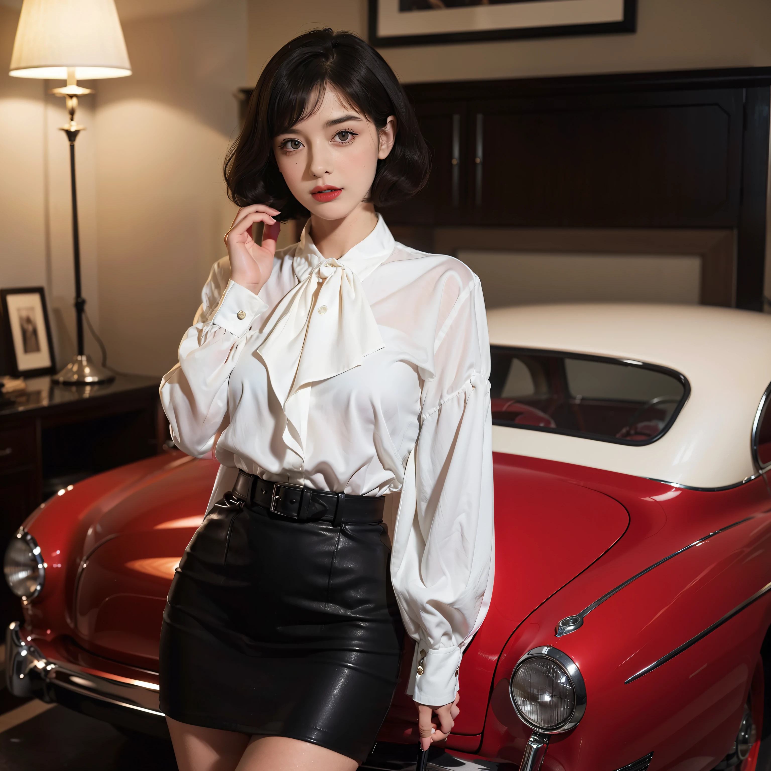 Mallory Malone's costume description is very detailed and、、Features a unique and interesting style. In a white long-sleeved blouse of your choice、A fitted black knee-length skirt with red accents creates a striking visual contrast. The addition of a black heel with ankle strap is、Adds a classy touch to the look. Apart from clothes, Vintage 1950s Bob Hairstyles、Adds a retro and timeless element to Mallory Malone's style. This type of hairstyle is、Known for its neat and short appearance, Typically、Jaw length with both ends turned inward. This hairstyle selection is、Add a vintage touch to the look、Complements Mallory's overall style. Makeup also plays an important role in the appearance of Mallory Malone. Although there are no specific details about makeup mentioned in the description, It is possible to imagine that she may be rocking a 1950s-inspired look.