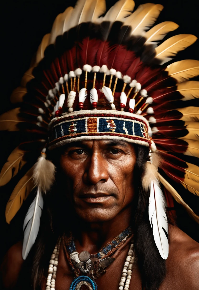 Hyperrealistic cinematic image of a native Indian with feathers on his head, Arte nativa americana, Indian warrior, Nativo americano, Guerreiro nativo americano, Arte nativa, Um guerreiro nativo americano, indigenous man, eagle feather, Guerreiro habilidoso do Apache, warrior spirit, american indian headdress, indigenous art, : native american shamen fantasy, Indigenous, native american folk art, Fotografia de arte indianarrealista, fotografia, obra-prima, realista, Realismo, renderizado, Alto contraste, digital art photographyrealistic trend in Artstation 8k HD high definition detailed realistic,  detalhado, textura da pele, hiper detalhado, textura de pele realista, armadura, melhor qualidade, ultra high-resolution, (fotografiarrealista: 1.4), alta resolução, detalhado, Calado bruto, sharp re, por lee jeffries Nikon D850 Filme Fotografia de Stock 4 Kodak Portra 400 Lente F1.6 Rich Colors Realistic Texture Dramatic Texture Dramatic Lighting Irrealengine Trend on Artstation Cinestill 800