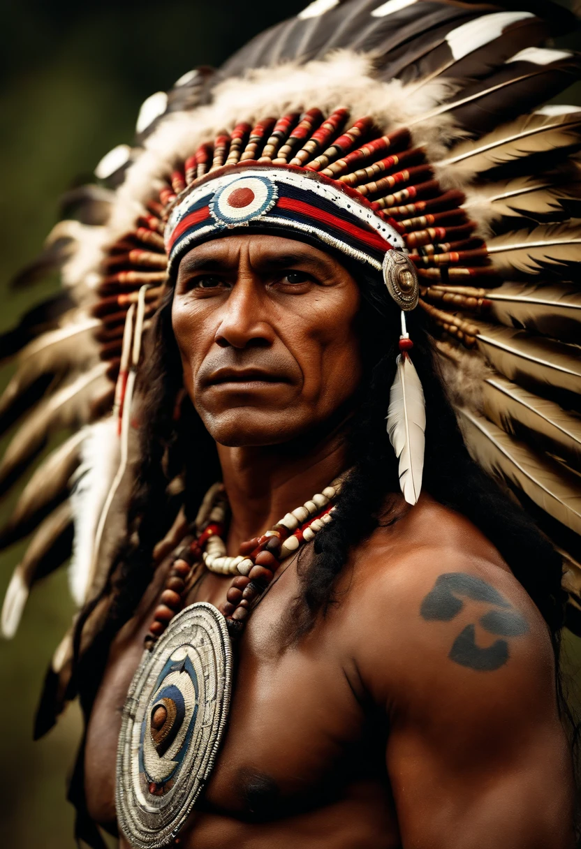 Hyperrealistic cinematic image of a native Indian with feathers on his head, Arte nativa americana, Indian warrior, Nativo americano, Guerreiro nativo americano, Arte nativa, Um guerreiro nativo americano, indigenous man, eagle feather, Guerreiro habilidoso do Apache, warrior spirit, american indian headdress, indigenous art, : native american shamen fantasy, Indigenous, native american folk art, Fotografia de arte indianarrealista, fotografia, obra-prima, realista, Realismo, renderizado, Alto contraste, digital art photographyrealistic trend in Artstation 8k HD high definition detailed realistic, detalhado, textura da pele, hiper detalhado, textura de pele realista, armadura, melhor qualidade, ultra high-resolution, (fotografiarrealista: 1.4), alta resolução, detalhado, Calado bruto, sharp re, por lee jeffries Nikon D850 Filme Fotografia de Stock 4 Kodak Portra 400 Lente F1.6 Rich Colors Realistic Texture Dramatic Texture Dramatic Lighting Irrealengine Trend on Artstation Cinestill 800