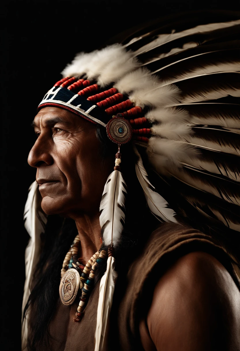 Hyperrealistic cinematic image of a native Indian with feathers on his head, Arte nativa americana, Indian warrior, Nativo americano, Guerreiro nativo americano, Arte nativa, Um guerreiro nativo americano, indigenous man, eagle feather, Guerreiro habilidoso do Apache, warrior spirit, american indian headdress, indigenous art, : native american shamen fantasy, Indigenous, native american folk art, Fotografia de arte indianarrealista, fotografia, obra-prima, realista, Realismo, renderizado, Alto contraste, digital art photographyrealistic trend in Artstation 8k HD high definition detailed realistic,  detalhado, textura da pele, hiper detalhado, textura de pele realista, armadura, melhor qualidade, ultra high-resolution, (fotografiarrealista: 1.4), alta resolução, detalhado, Calado bruto, sharp re, por lee jeffries Nikon D850 Filme Fotografia de Stock 4 Kodak Portra 400 Lente F1.6 Rich Colors Realistic Texture Dramatic Texture Dramatic Lighting Irrealengine Trend on Artstation Cinestill 800