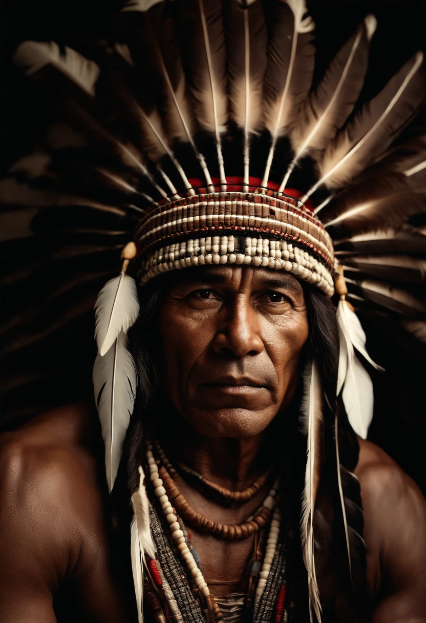 Hyperrealistic cinematic image of a native Indian with feathers on his head, Arte nativa americana, Indian warrior, Nativo americano, Guerreiro nativo americano, Arte nativa, Um guerreiro nativo americano, indigenous man, eagle feather, Guerreiro habilidoso do Apache, warrior spirit, american indian headdress, indigenous art, : native american shamen fantasy, Indigenous, native american folk art, Fotografia de arte indianarrealista, fotografia, obra-prima, realista, Realismo, renderizado, Alto contraste, digital art photographyrealistic trend in Artstation 8k HD high definition detailed realistic,  detalhado, textura da pele, hiper detalhado, textura de pele realista, armadura, melhor qualidade, ultra high-resolution, (fotografiarrealista: 1.4), alta resolução, detalhado, Calado bruto, sharp re, por lee jeffries Nikon D850 Filme Fotografia de Stock 4 Kodak Portra 400 Lente F1.6 Rich Colors Realistic Texture Dramatic Texture Dramatic Lighting Irrealengine Trend on Artstation Cinestill 800