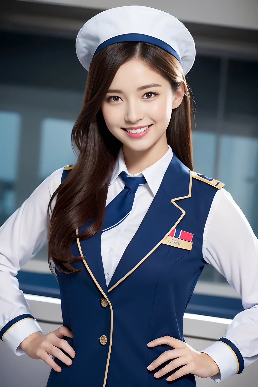 Huge and、In ideal form、A sexy、large boob、s ass、Perfect Style、Ideal woman、Half visible from uniform、tits out、Beautiful five fingers with a delicate form、The beauty of, Brown hair, updo hair, (((Half of the uniform))), (((Very sweet smile))), looking at the viewers, (((Winter uniforms for flight attendants))), (((Winter uniforms for flight attendants))), (The charm of the upper body showing the), ((of the highest quality,, masutepiece: 1.3)), One Woman、Highest dignity、carismatic、 hyperdetailed face, very detailed lips, Detailed eyes, Archaic beauty, Background on a jet plane、Background with、Beautiful five fingers with a delicate form、Skirt Uniform、The charm of seeing panties from the skirt、