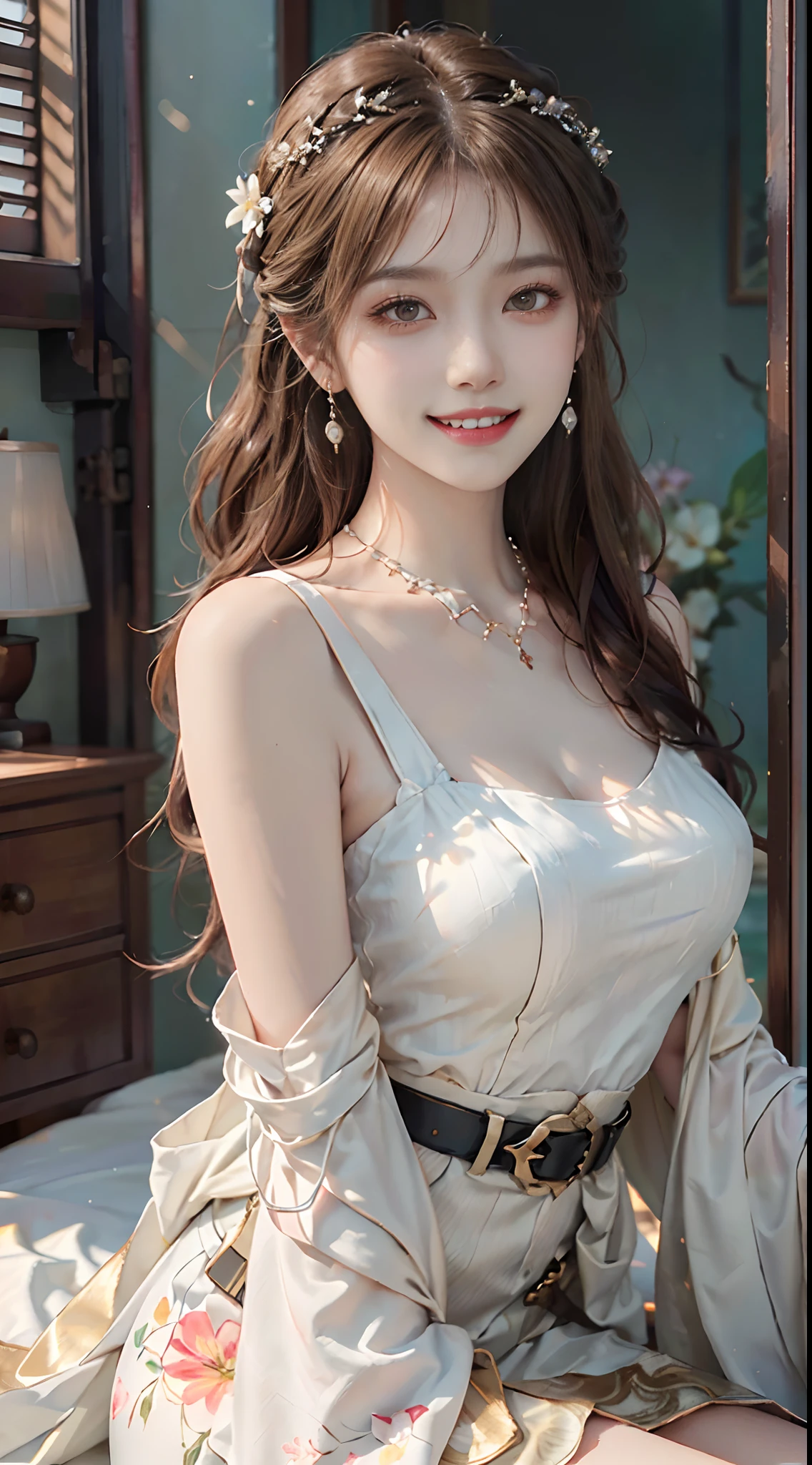 ((upper body)), ((from below)), ((realistic)), 1 Asian female model, A young girl, (Close up), (Being in the room, Sit Pose, Leaning against the dresser), Look out the window, Pleasing posture, Eye-catching poses, Detailed scenes, Coiled hair, Hairpins, Beautiful hair accessories, Brownish-yellow hair, light make-up, Blushlush, Gloss on lips, ((white hanfu, tulle shawl, Skirt, Leak one shoulder, high-waist, Nice belt)), ((warm lights, a warm color palette)), (Extremely high color saturation), Detailed details, ultra-detailliert, (tmasterpiece, best qualtiy), (An extremely delicate and beautiful work), Delicate earrings, Delicate necklace, Simple blurred background, Extreme detail description, Ultra-fine painting, Delicate face, slim toned body, Slimming the waist, (grin, happy grin, Baring teeth), (anatomy correct)