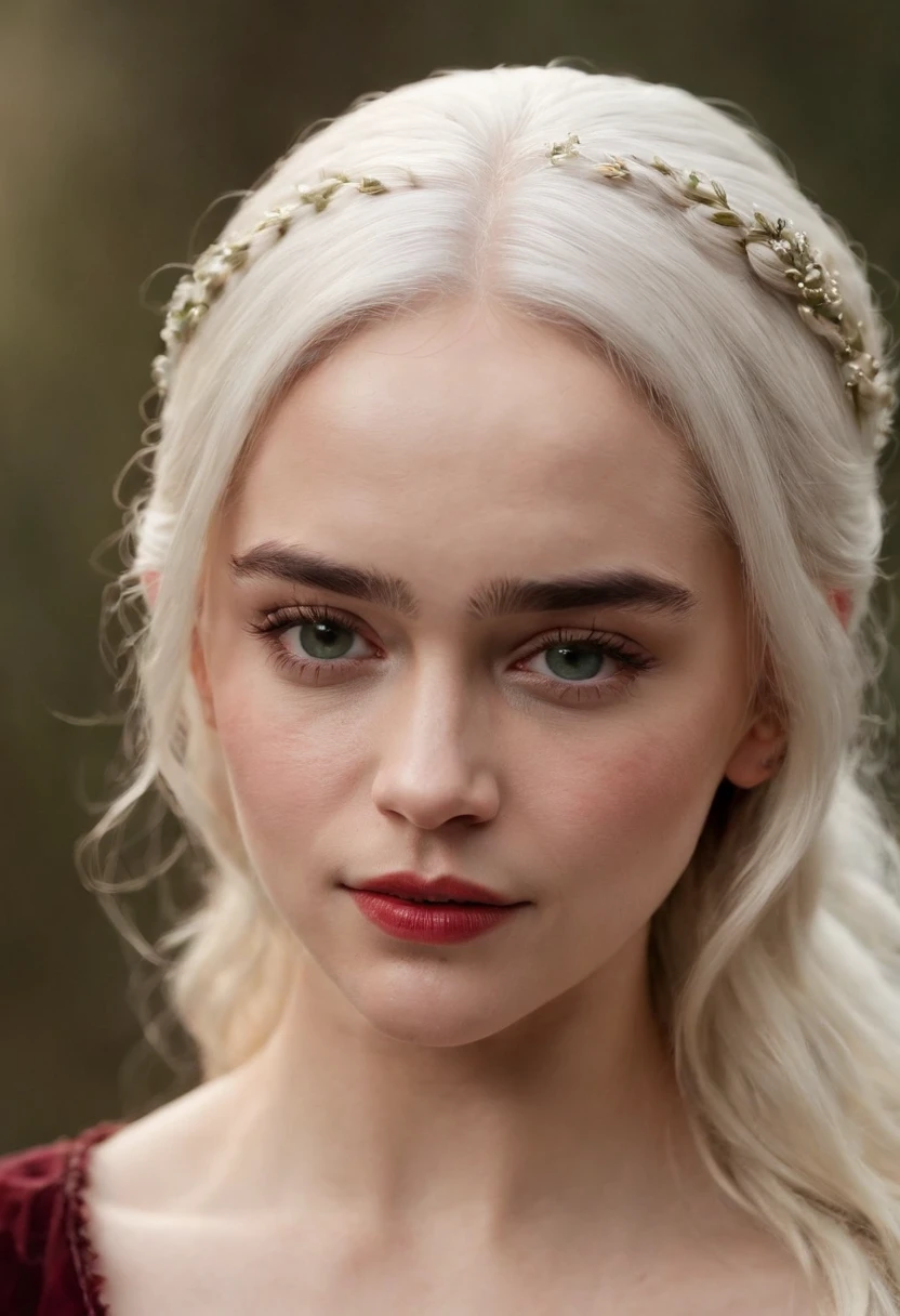 (((a deep reddish wound crosses her left cheek))) fair complexion, Emilia Clarke  around 19 years old, natural white hair, distinctive green eyes, wearing kohl, slender and graceful, beautiful, candlelight in a medieval setting, ultra sharp focus, realistic shot, medieval female clothes, tetradic colors (scar:1.4)