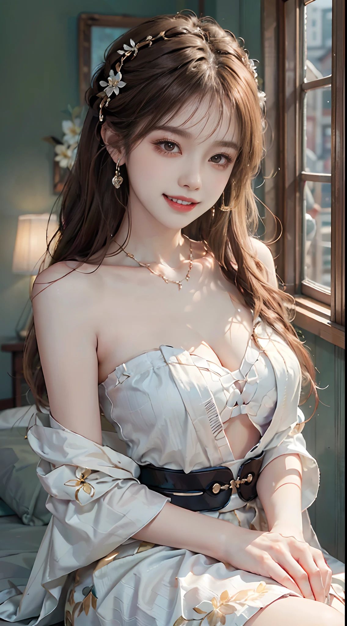 ((upper body)), ((from below)), ((realistic)), 1 Asian female model, A young girl, (Close up), (Being in the room, Sit Pose, Leaning against the dresser), Look out the window, Pleasing posture, Eye-catching poses, Detailed scenes, Coiled hair, Hairpins, Beautiful hair accessories, Brownish-yellow hair, light make-up, Blushlush, Gloss on lips, ((No chest leakage)), ((white hanfu, cropped shoulders, White chest covering, Floral, high-waist, Nice belt)), ((warm lights, a warm color palette)), (Extremely high color saturation), Detailed details, ultra-detailliert, (tmasterpiece, best qualtiy), (An extremely delicate and beautiful work), Delicate earrings, Delicate necklace, Simple blurred background, Extreme detail description, Ultra-fine painting, Delicate face, slim toned body, Slimming the waist, (grin, happy grin, Baring teeth), (anatomy correct)