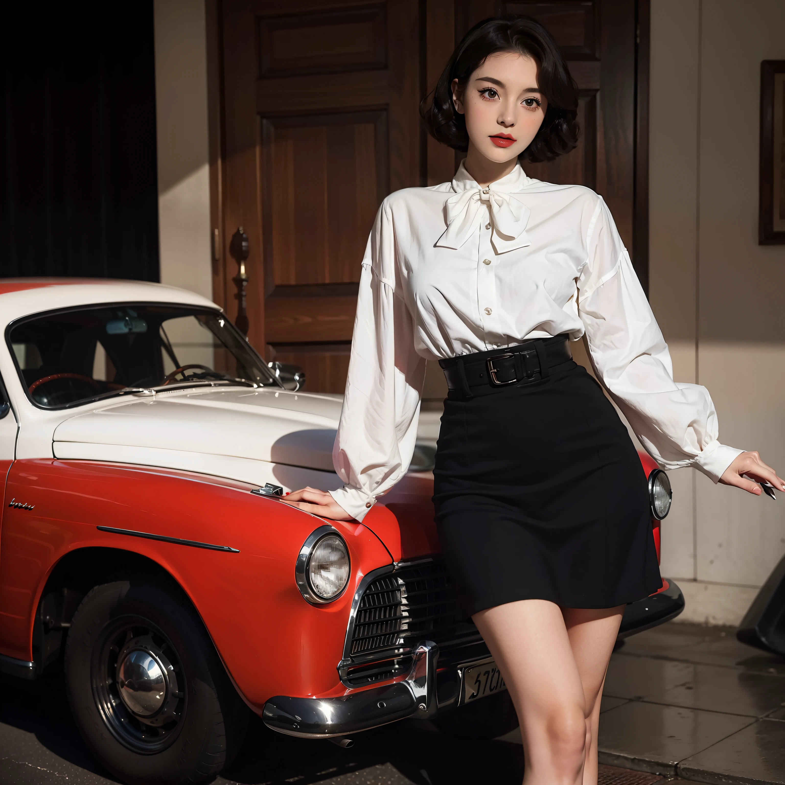 Mallory Malone's costume description is very detailed and、、Features a unique and interesting style. In a white long-sleeved blouse of your choice、A fitted black knee-length skirt with red accents creates a striking visual contrast. The addition of a black heel with ankle strap is、Adds a classy touch to the look. Apart from clothes, Vintage 1950s Bob Hairstyles、Adds a retro and timeless element to Mallory Malone's style. This type of hairstyle is、Known for its neat and short appearance, Typically、Jaw length with both ends turned inward. This hairstyle selection is、Add a vintage touch to the look、Complements Mallory's overall style. Makeup also plays an important role in the appearance of Mallory Malone. Although there are no specific details about makeup mentioned in the description, It is possible to imagine that she may be rocking a 1950s-inspired look.