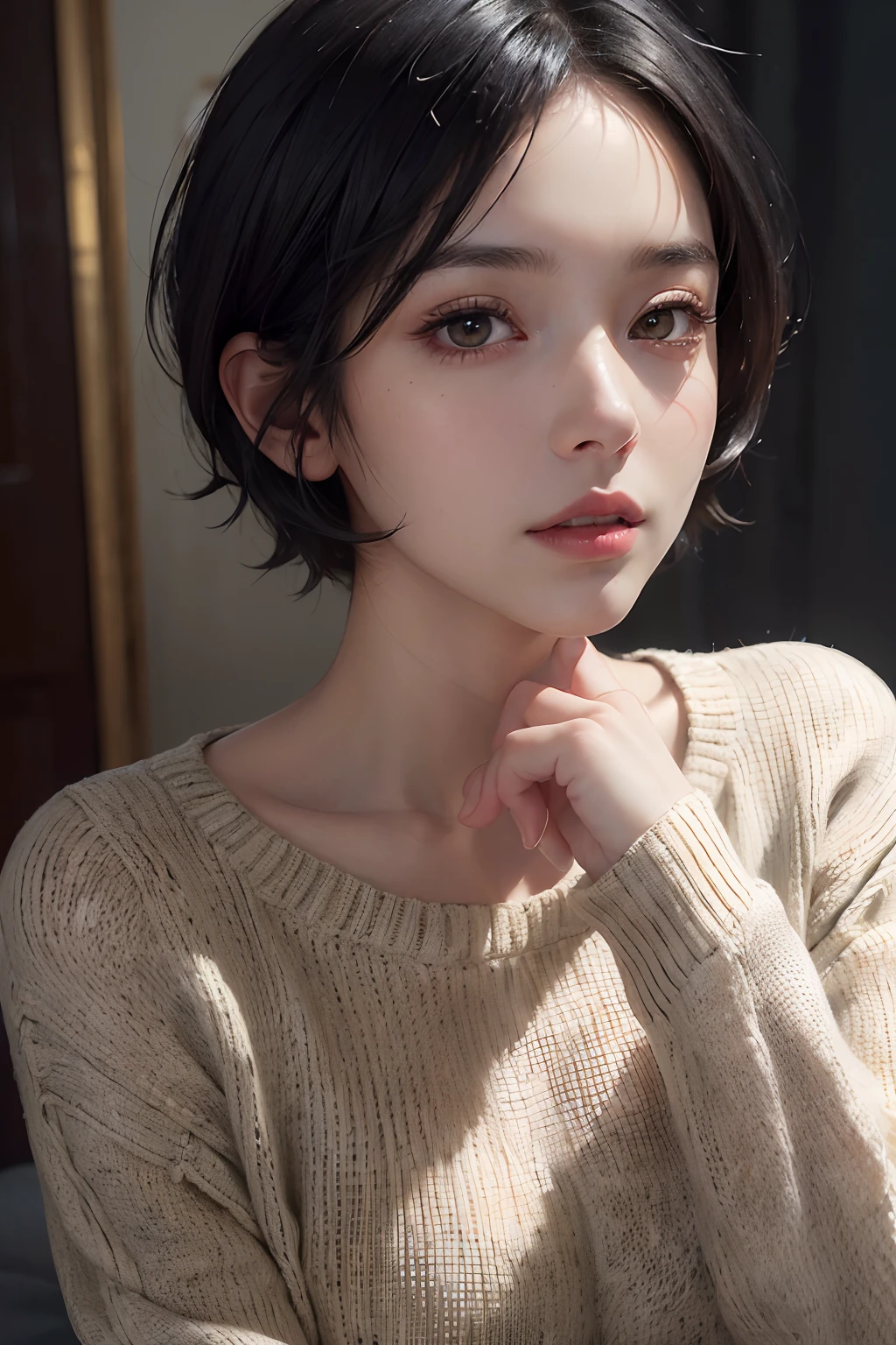 (masterpiece:1.3), (8k, photorealistic, RAW photo, best quality: 1.4), (1girl), beautiful face, (realistic face), (black hair, short hair:1.3), beautiful hairstyle, realistic eyes, beautiful detailed eyes, (realistic skin), beautiful skin, (sweater), absurdres, attractive, ultra high res, ultra realistic, highly detailed, golden ratio