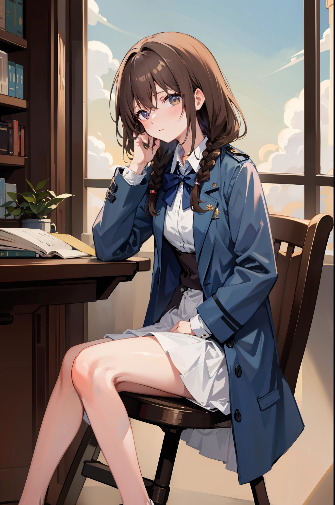 Anime girl sitting in library reading a book,Blue trench coat,Bunched hair,libraryai,Dark environment,A faint smog,Yellow-brown hair,Double braid,Dull hair,neck bowtie