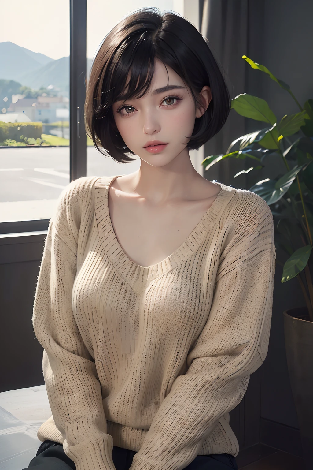 Photorealistic, photographrealistic, masutepiece, Best Quality, Raw photo, 1girl in, Solo, short-hair, Brown hair, Detailed face, alluring face, Sweater that kills virgins, large full breasts, Dynamic Pose, Looking at Viewer, From below, Detailed background, fine detailed, intricate detailes, Ray tracing, depth of fields, lowkey, nffsw