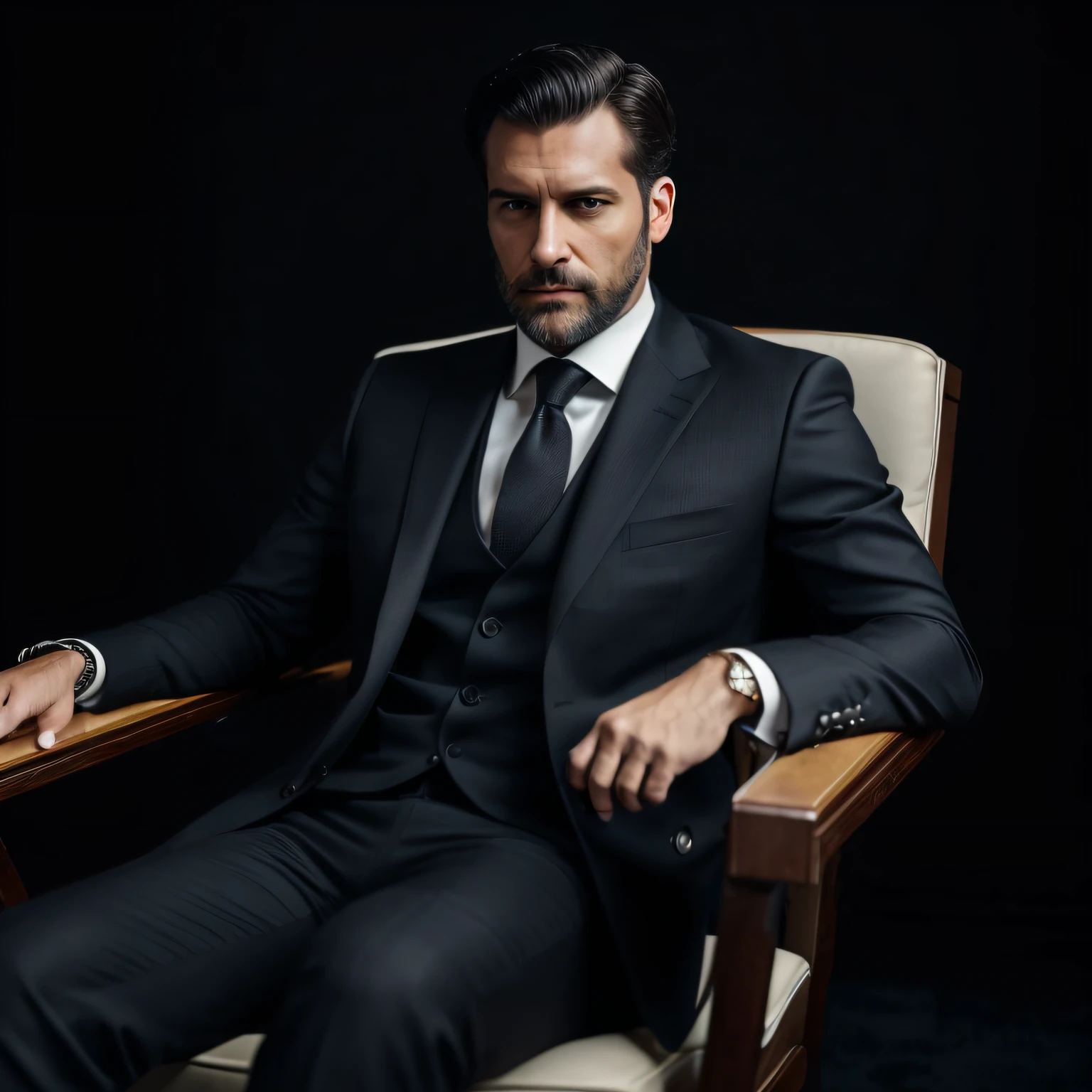 ((Half body)) Photo Man sitting in a chair in the CEO office of RAW, wearing black suit, (Use a dark beard) Movie Scene, (impeccable) ,Serious and elegant man, , With thick male eyebrows, (With a mysterious and serious face,) short dark hair, Dark black background image, Elegant, ( hightquality, Realistic images), ((Best Quality, 8K, masutepiece)