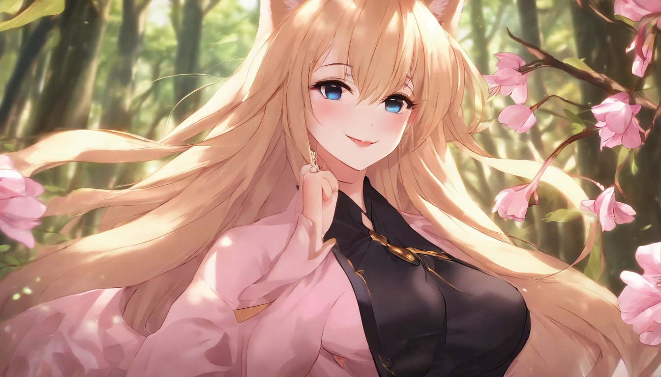 Anime Style adult Kitsune with long blonde hair, big chest, pink iris, revealing clothes, hourglass figure, cute face, smile, tiny sharp fangs, fantasy forest background