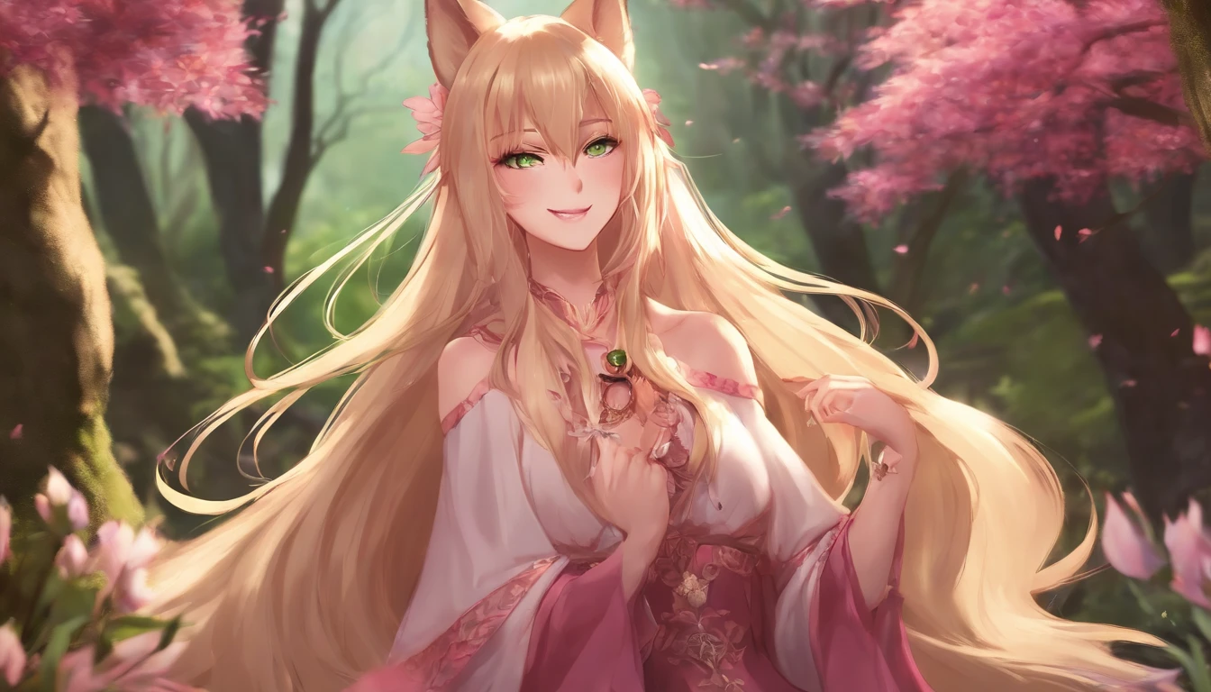 Anime Style adult Kitsune with long blonde hair, big chest, pink iris, revealing clothes, hourglass figure, cute face, smile, tiny sharp fangs, fantasy forest background