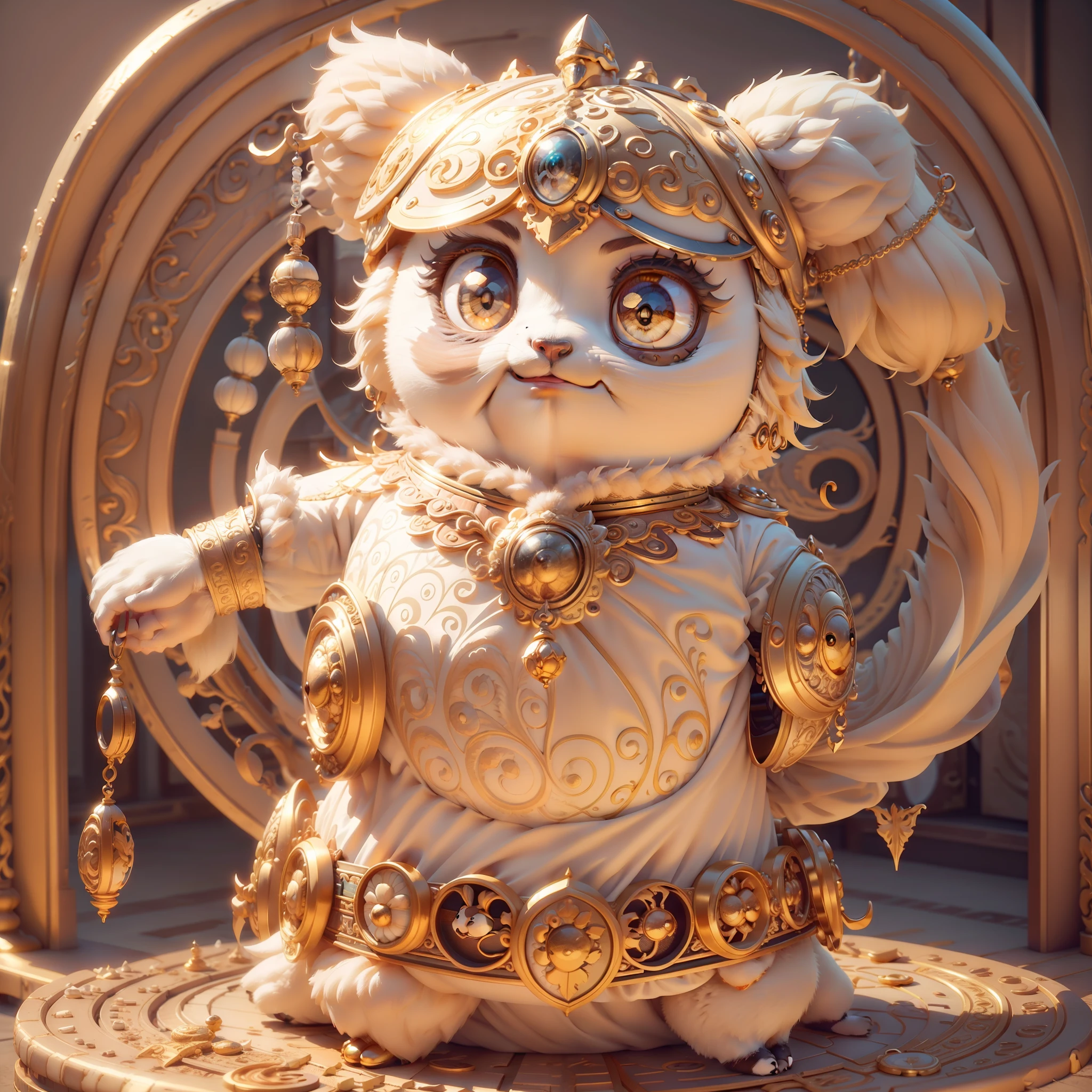 Super cute panda with big eyes, Dressed in white and gold ethnic style clothing, adorable expression, Charming smile, Super high detail, solid color backdrop, Exquisite, 3d effect, a blind box toy, Garage Kit, super high precision, Perfect lighting, OC renderer, blender, 8K, Super clear, Super noise reduction