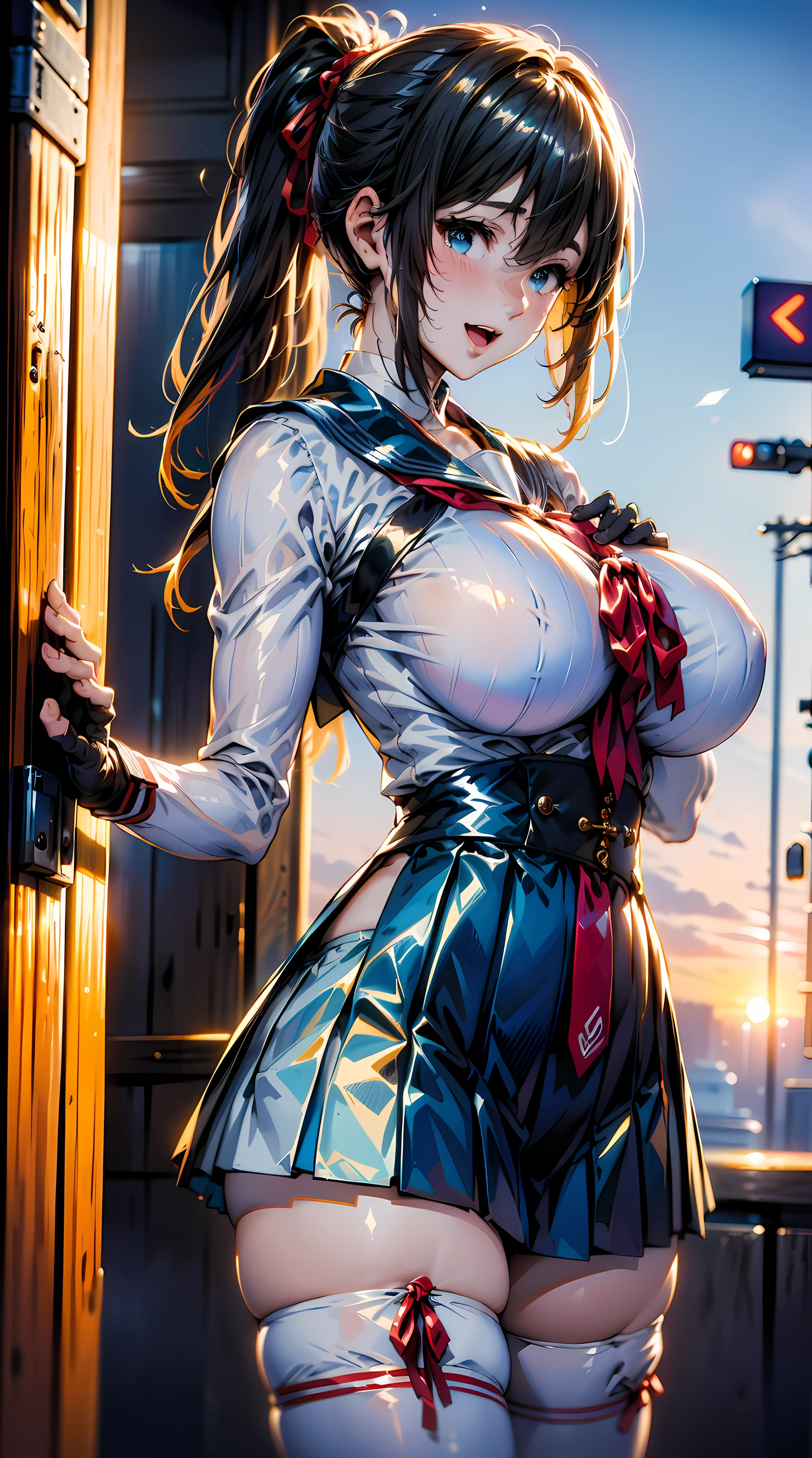 3d animation, (1girl:1.3, solo), (japanese school girl), (upper body:1.3), (at telephone box:1.2), (random fighting posing:1.3), highly detailed eyes and pupils, realistic skin, ((attractive body, gigantic breast:1.38, disproportionate breasts:1.38, thin waist:1.15)), medium-length thin hair, ((bobbles ponytail:1.3), (shiny-black hair:1.3),extremely detailed hair, delicate sexy face, sensual gaze, shiny lips, BREAK, (white leotard:1.3), (magical girl costume:1.2), (blue Sailor collar:1.3), (red ribbon:1.4), (blue pleated skirt:1.3), (micro-skirt:1.3), (no_sleeve:1.2), (long_glove:1.2), (white thighhighs:1.2),(long_boots:1.2), detailed clothes, BREAK, (outdoor:1.2), (blurry background:1.25, simple background, detailed background), (under sunset:1.37), BREAK, ((realistic, super realistic, realism, realistic detail)), perfect anatomy, perfect proportion, hyper sharp image, (attractive emotion, seductive smile:1.2, happy:1.2, blush:1.2, :d:1.2, :p:1.2), ((4fingers and thumb:1.2)), perfect human hands, wind, BREAK, (Masterpiece, best quality, photorealistic, highres, photography, :1.3), ultra-detailed, sharp focus, professional photo, commercial photo, shadows, contrast, clear blue sky, constellations, peaceful, serene, quiet, tranquil, remote, secluded, adventurous, exploration, escape, independence, survival, resourcefulness, challenge, perseverance, stamina, endurance, observation, intuition, adaptability, creativity, imagination, artistry, inspiration, beauty, awe, wonder, gratitude, appreciation, relaxation, enjoyment, rejuvenation, mindfulness, awareness, connection, harmony, balance, texture, detail, realism, depth, perspective, composition, color, light, shadow, reflection, refraction, tone, contrast, foreground, middle ground, background, naturalistic, figurative, representational, impressionistic, expressionistic, abstract, innovative, experimental, unique