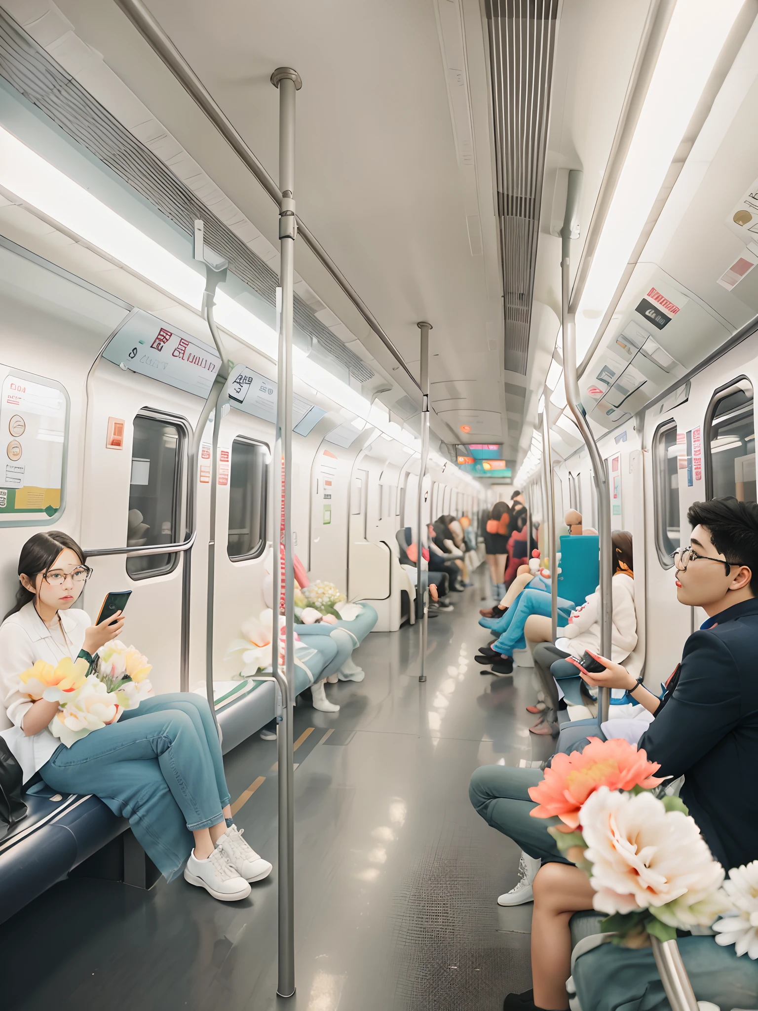 People sitting on the subway with their phones, inside metro train, ((The carriage was full of flowers)),in a subway, Shot on Sony A 7 III, 2 4 mm iso 8 0 0 color, interior photograph, cyberpunk elevated train, interiors, orange line,