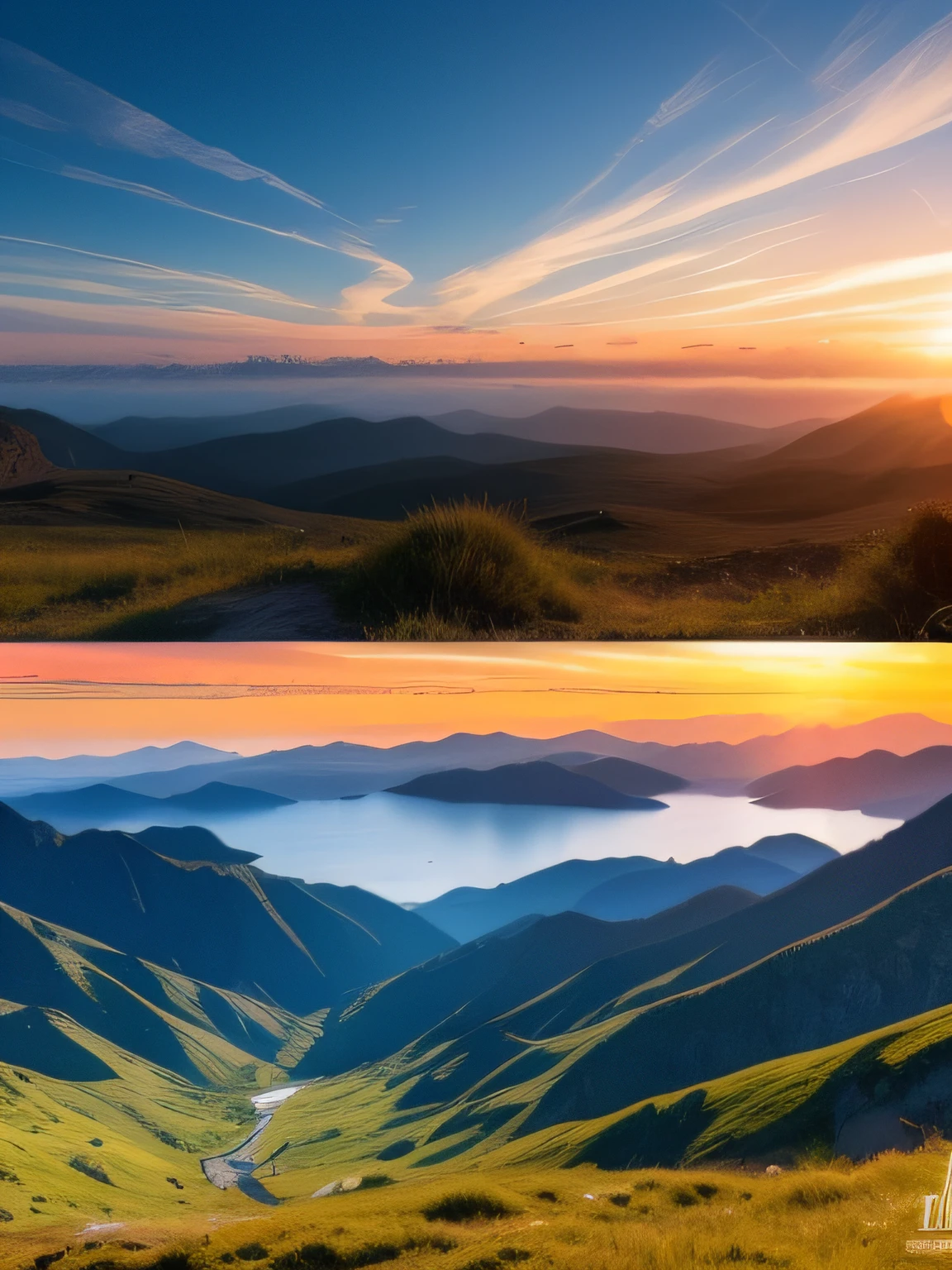 Generate a hyper-realistic landscape for my YouTube channel banner. I want a breathtaking scene that combines the beauty of a serene mountain range, a crystal-clear lake reflecting the surrounding nature, and a vibrant sunset painting the sky with warm, vivid colors. The landscape should evoke a sense of tranquility, wonder, and natural grandeur. The image should be high-resolution and perfectly sized for my channel banner, with space left at the top for text and branding elements. Create a visual masterpiece that captivates my audience and sets the tone for my channel's content.