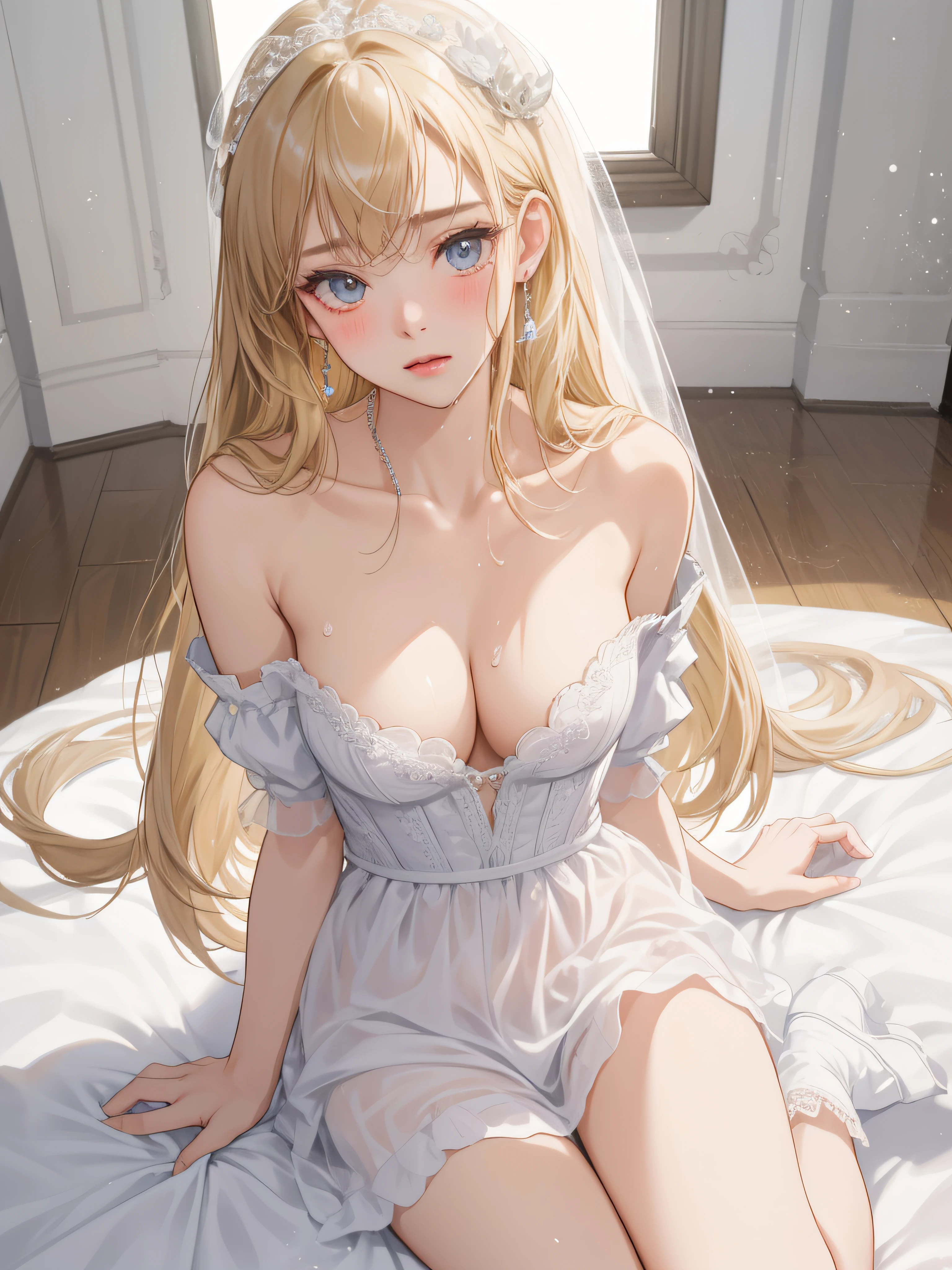 photorealisim、top-quality、超A high resolution、a picture、Photo of an exquisitely beautiful Nordic-born girl、Extraordinary beautiful girl、Highlights of cheek luster、Detailed cute and beautiful face、(pureerosface_v1:0.008)、Beautiful bangs、shinny skin、shiny beautiful bright hair、Silky hair、finer hair、High-definition eyes、perfectbody, Bright and clear, Eyes shine attractively、eye liner、Double eyelids、Lush bust、Full body like、dismay、Exposed cleavage、white mucus sticks everywhere,,、Sperm taken、Overflowing sperm、Sperm、、 red blush、humiliated、impatience、dismay、Frightened、glares、embarrassed from、Open knees、open one's legs、(Masturbation behavior:2.0)、Teasing the crotch、grabbing on breasts、Insert Finger、White underwear、White bra、Shiny little earrings and necklaces、Disheveled clothes、Dressing、Exposed panties、Stockings、Drenched in sweat、Sheer underwear、28 year old, Neat and clean woman , upturned breasts, Church Chapel、Sitting on floor、a blond、Blue-gray eyes,(weddingdress:1.2)、veils、