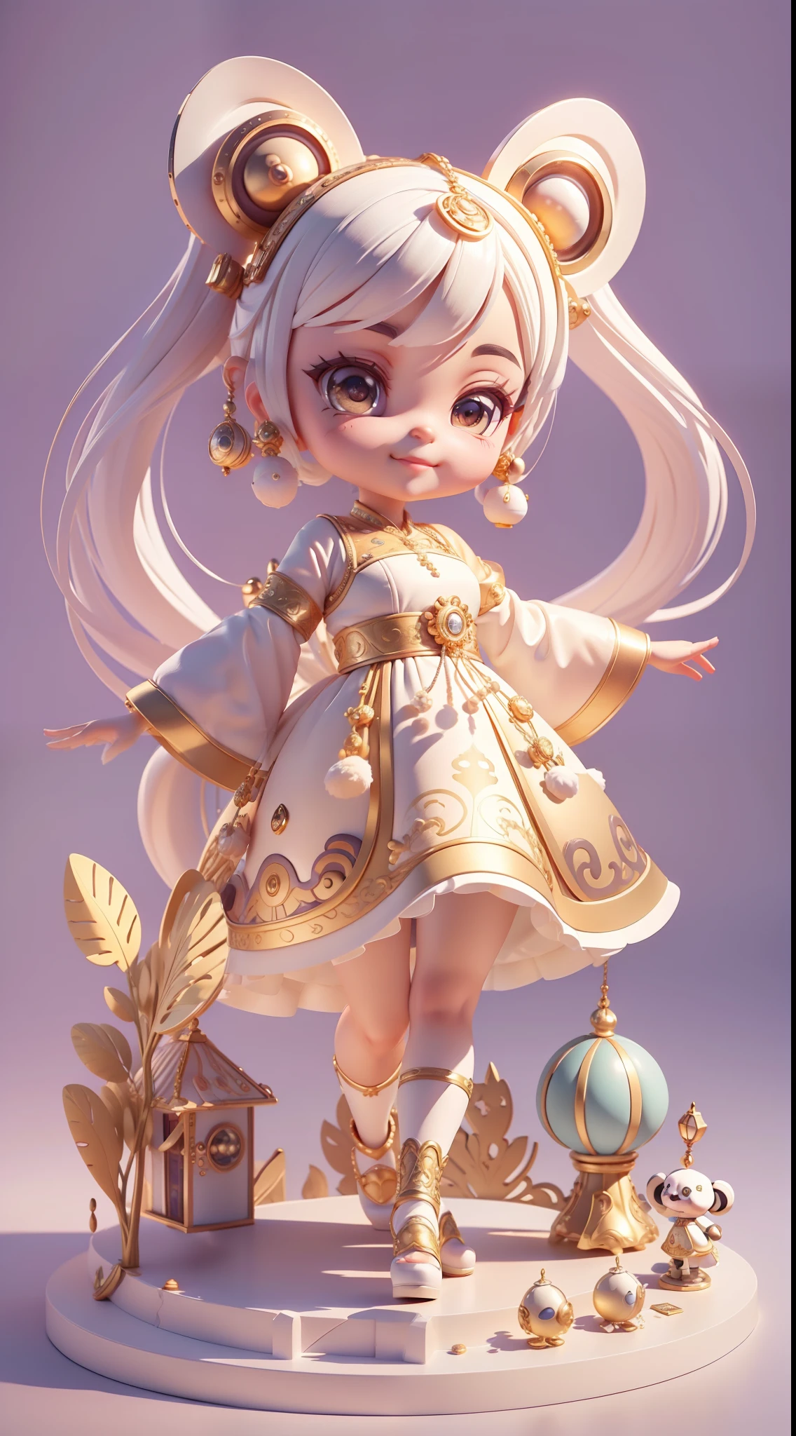 3D cartoon character，Super cute panda with big eyes, Dressed in white and gold ethnic style clothing, adorable expression, Charming smile, Super high detail, solid color backdrop, Exquisite, 3d effect, a blind box toy, Garage Kit, super high precision, Perfect lighting, OC renderer, blender, 8K, Super clear, Super noise reduction