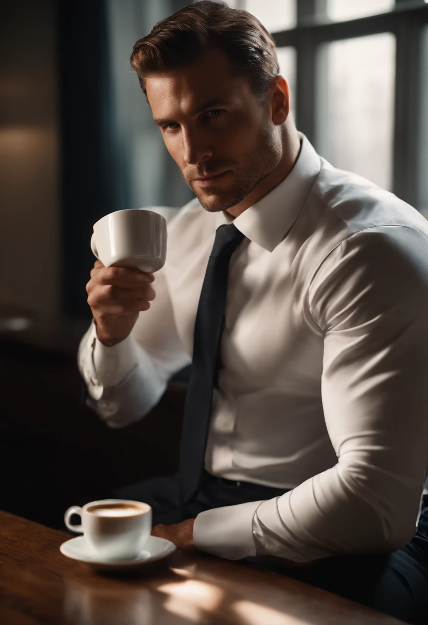 1man,
a 30 y.o muscular male wearing long-sleeve white shirt and tie, drinking coffee,
soft lighting,
masterpiece, best quality, 8k uhd, dslr, film grain, Fujifilm XT3 photorealistic painting art by midjourney and greg rutkowski