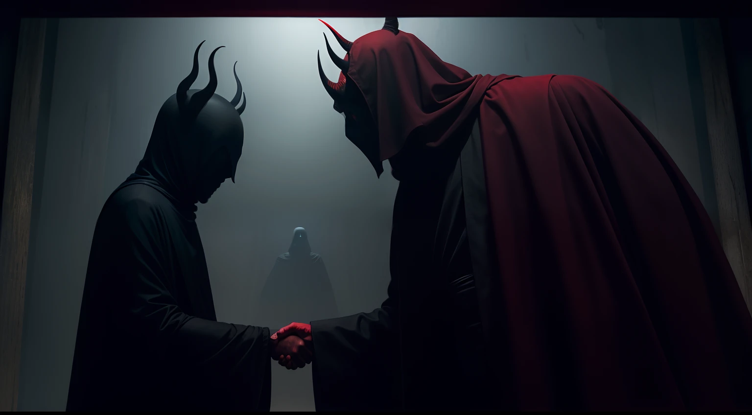 man shaking hand of devil, no face, horror, creepy artwork, masterpiece, high quality