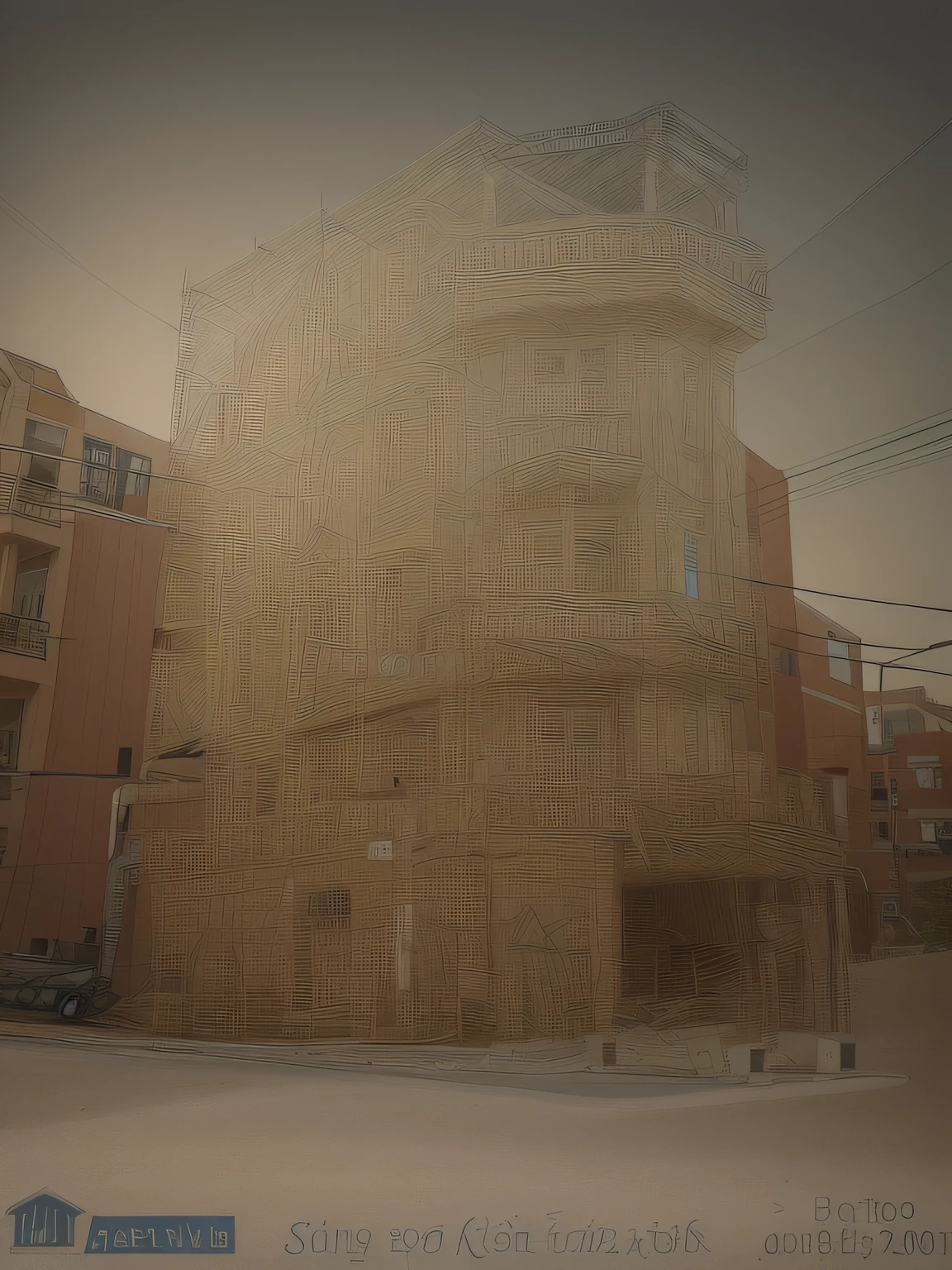 arafed building with scaffolding on the side of it and a motorcycle parked in front of it, big impact hit on the building, building facing, taken in the early 2020s, full building, front side view, photo from 2022, single building, front view, complete house, front-view, mid-view, front side