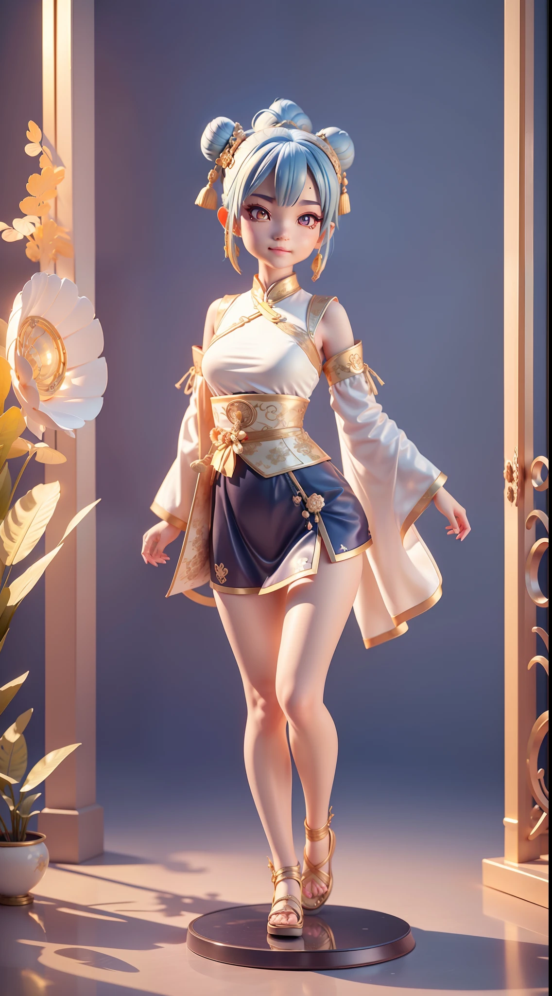 lens flare glow，Thin waist narrow waist，The look of the kawaii，Flat-chested  sister，slimfigure，ssmile，Navy blue hair，Golden pupils。Chinese hair bun, Oriental antique，Attractive 3D Vector Art。