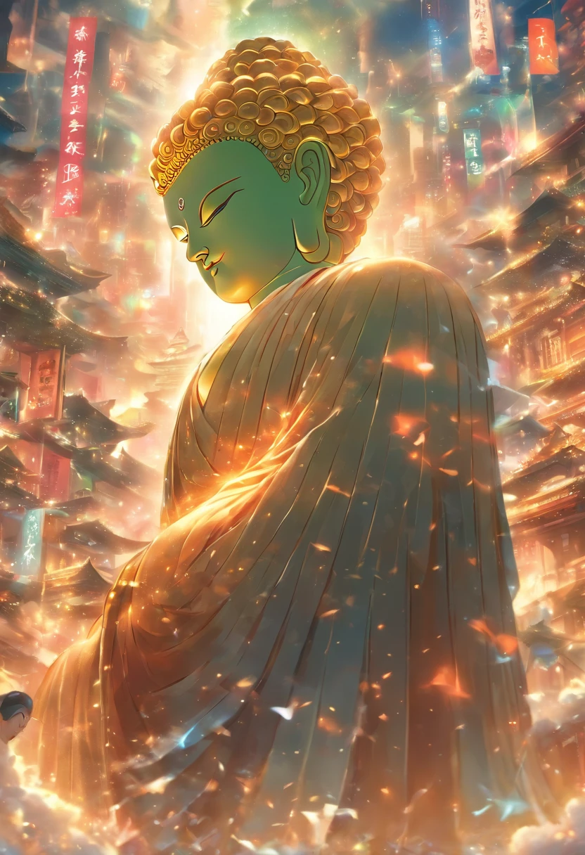 （The upper body of a giant tall Buddha statue in the distance：1.5，），（contest
Bopunk city background：1.2），（真实感：1.4），（best qualtiy：1.0），（Ultra-high score rate：1.0），8k， RAW photos，（tmasterpiece：0.2），ultra - detailed，(Pilgrims on the road：0.8)