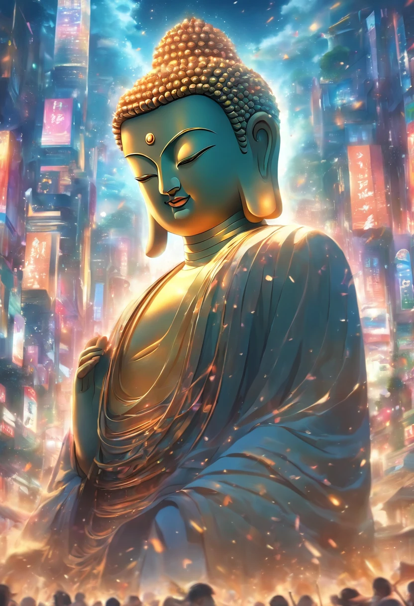 (The upper body of a giant tall Buddha statue in the distance:1.5,),(contest
Bopunk city background:1.2),(真实感:1.4),(best qualtiy:1.0),(Ultra-high score rate:1.0),8k, RAW photos,(tmasterpiece:0.2),ultra - detailed,(Pilgrims on the road:0.8)