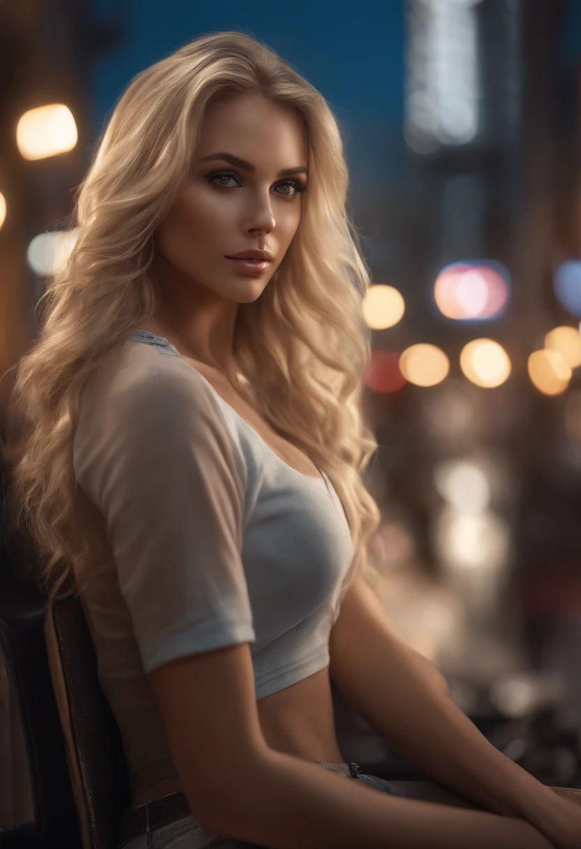 gorgeous woman with extra long wavy blonde hair, detailed alluring eyes, long sexy legs, wearing tiny shorts, t-shirt, ((detailed facial features)), (finely detailed skin), pale skin, realistic skin texture, extreme skin details, (pores:0.1), in the background beautiful futuristic cyberpunk city, best quality masterpiece, photorealistic, hyperrealistic, detailed, 8k, HDR, (Soft color: 1.2), shallow depth of field, broad light, high contrast, backlighting, bloom, light sparkles, chromatic aberration, sharp focus, RAW color photo