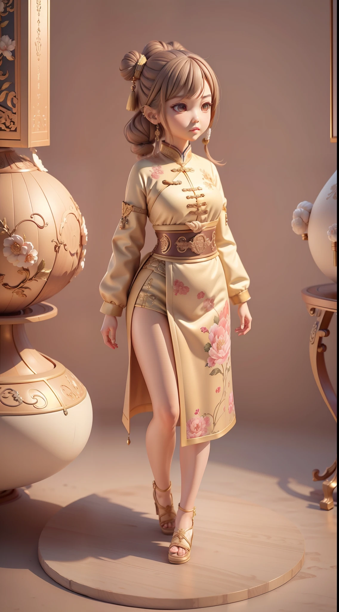(Masterpiece, Best quality:1.2), 3 d desenho animado，1girll,Solo,Light brown hair, Chinese hair bun, Oriental antique，surrealism, Super detail, ccurate, Best quality, hyper HD, Masterpiece, Anatomically correct, A high resolution, 16k