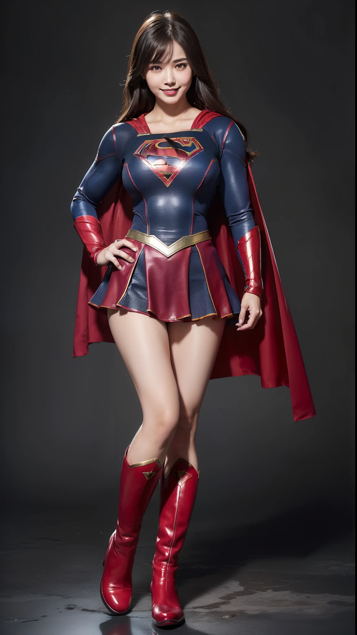 (((Make the most of the original image)))、(((Supergirl Costume)))、(((lustrous dark hair)))、(((Suffering)))、(((Feet must necessarily be worn with black tights)))、(((Smile)))、(((You need to wear red boots)))、((Top image quality、8K))、((top-quality、8K、​masterpiece:1.3))、Crisp focus:1.2、Beautiful woman with perfect body shape:1.4、Slender Abs:1.2、((layers-Cut、large boob:1.2))、a wet body:1.5、Highly detailed facial and skin texture、