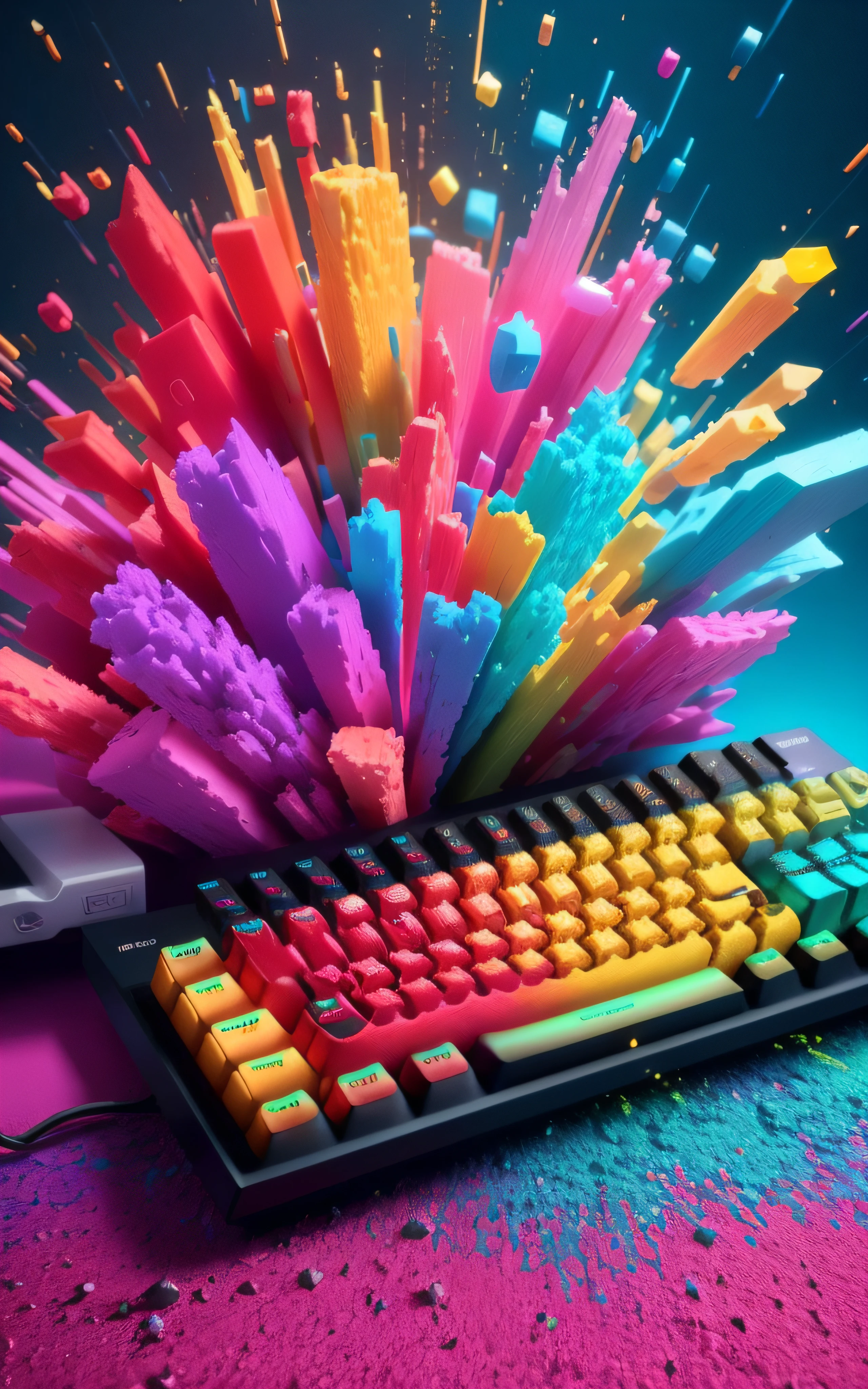 brightly colored powder is flying around a keyboard on a blue surface, colorful octane render, cinema 4d render colorido, colorful vivid octane render, colorido 8 k, cores do bipe, extreme render, mechanical keyboard, cores explosivas, bipe. octan render, obras de arte intrincadas. octan render, Hybrid style beep blend, teclado gamers