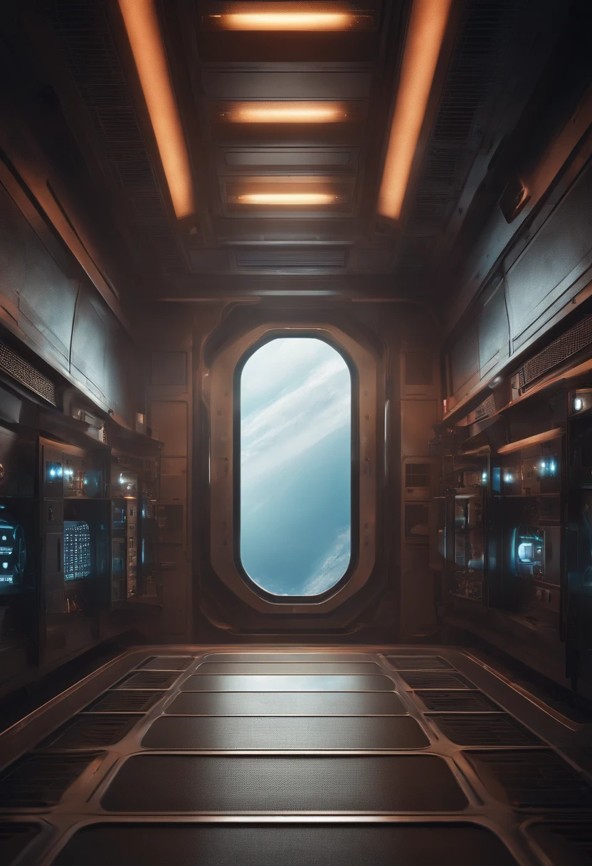 background, Without people, Sci-fi premise, a table, view from bottom, ventilation, equipment, window, light sources in the ceiling, Control panel in the wall