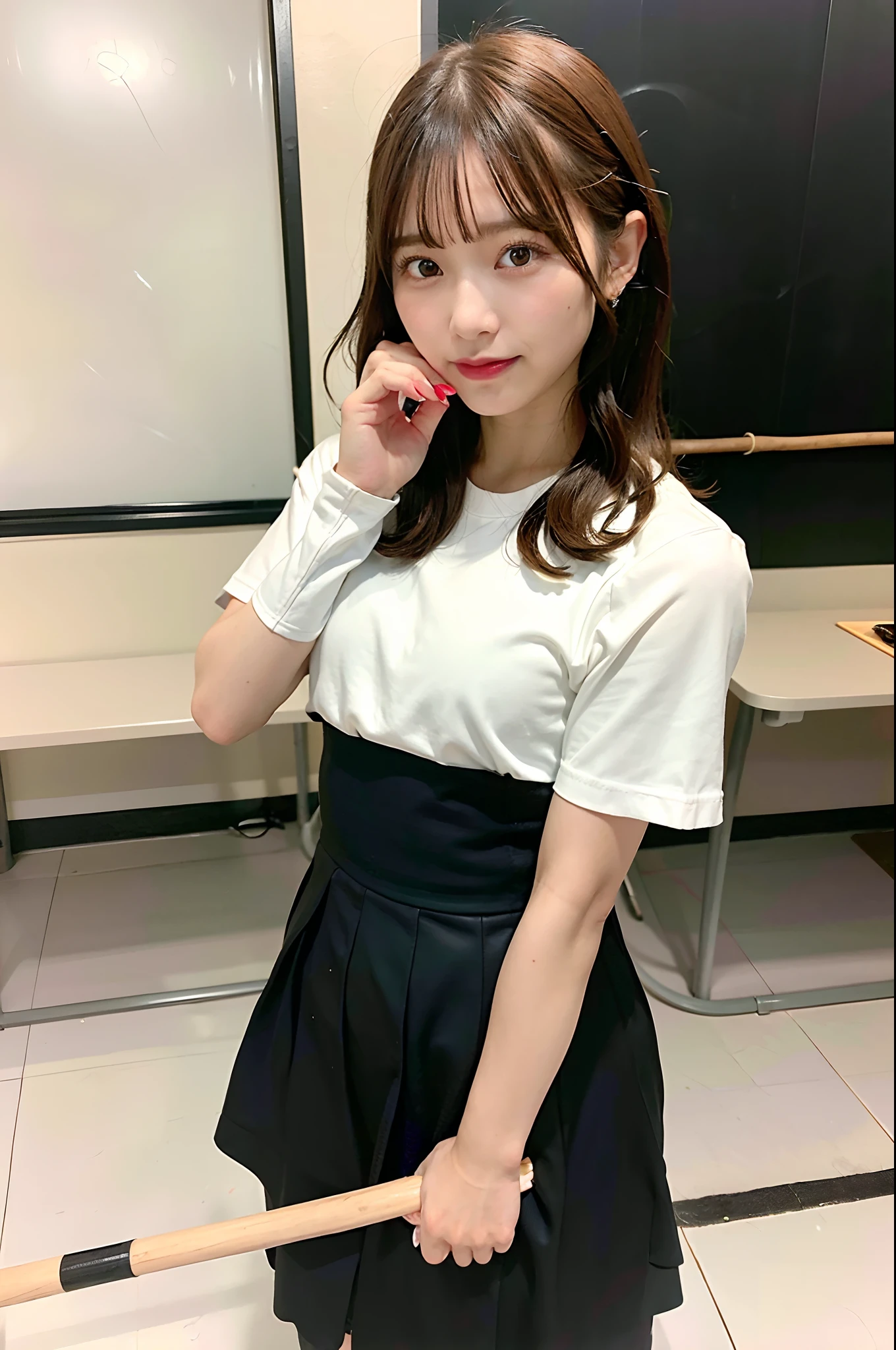 (Best Quality,4K,8K,hight resolution,masutepiece:1.2),Ultra-detailed,(Realistic,Photorealistic,Photorealsitic:1.37),Portraits,Vivid colors,Sharp Focus,Professional,Studio Lighting,Physically-based rendering,illustratio,Off-shoulder white shirt,Black miniskirt,Black Choker,governess、extremely detailed eye and face,Beautiful detailed lips,longeyelashes,Healthy thighs,Emphasis on the thighs、is standing,Leather shoes、Holding a 1-meter wooden stick in his right hand、Have the end of a wooden stick、Swing up a wooden stick、Trying to hit a student's buttocks with a stick、Butt smacking,Classroom,chalk board,Japan Schools、Classroom、、corporal punishment、corporal punishment、corporal punishment、corporal punishment、governess、governess、Classroom、Classroom、inside in room、inside in room