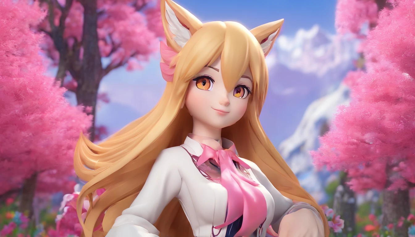 Anime Style adult Kitsune with long blonde hair, big chest, pink iris, revealing clothes, hourglass figure, cute face, smile, tiny sharp fangs, bright fantasy forest background