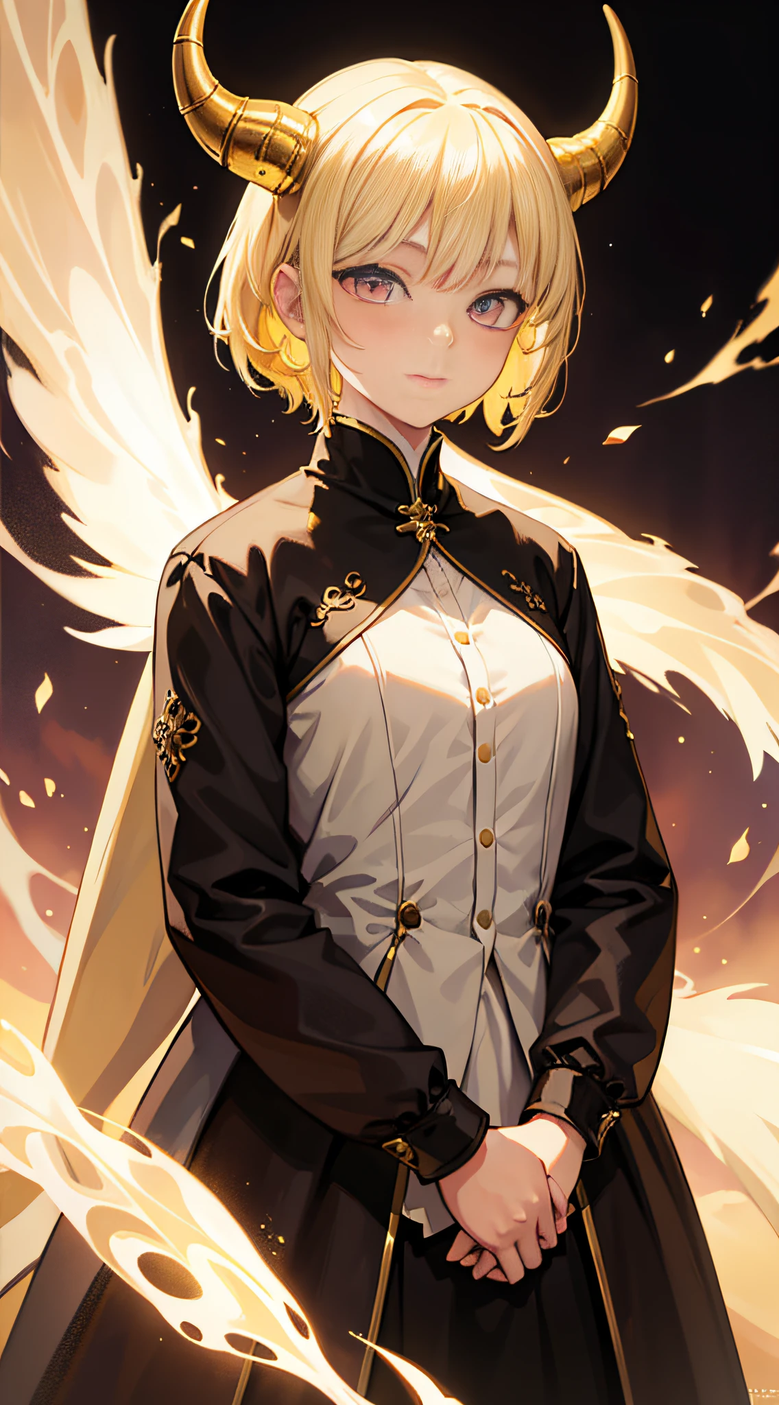 (Girl with dragon horns, Short hair, Light yellow hair), Pink eyes, Shy,Light smile,Reflective, Subtle blush, Black coat, (Best quality, mediating: Oil painting), full bodyesbian, Detailed background, Vibrant colors, Soft lighting, mystical ambiance, Ethereal beauty, Magical elements