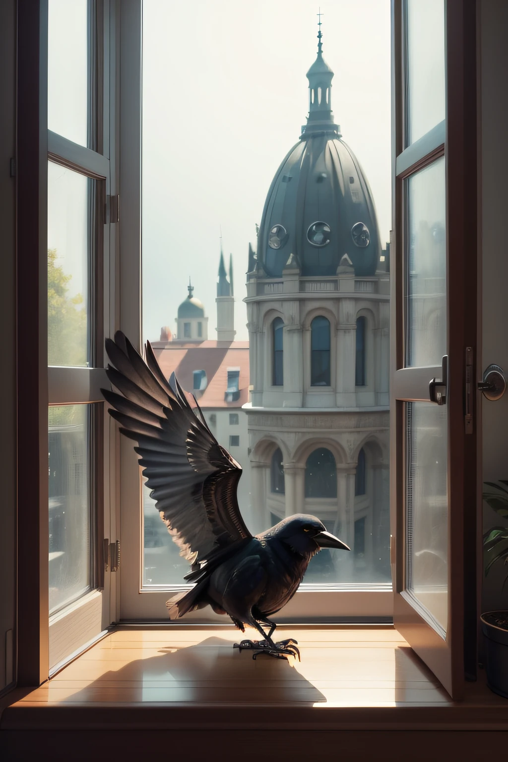 1. The Crow on the Window Sill: An artistic representation of the moment when the narrator opens the window and the crow enters, landing on the sill.