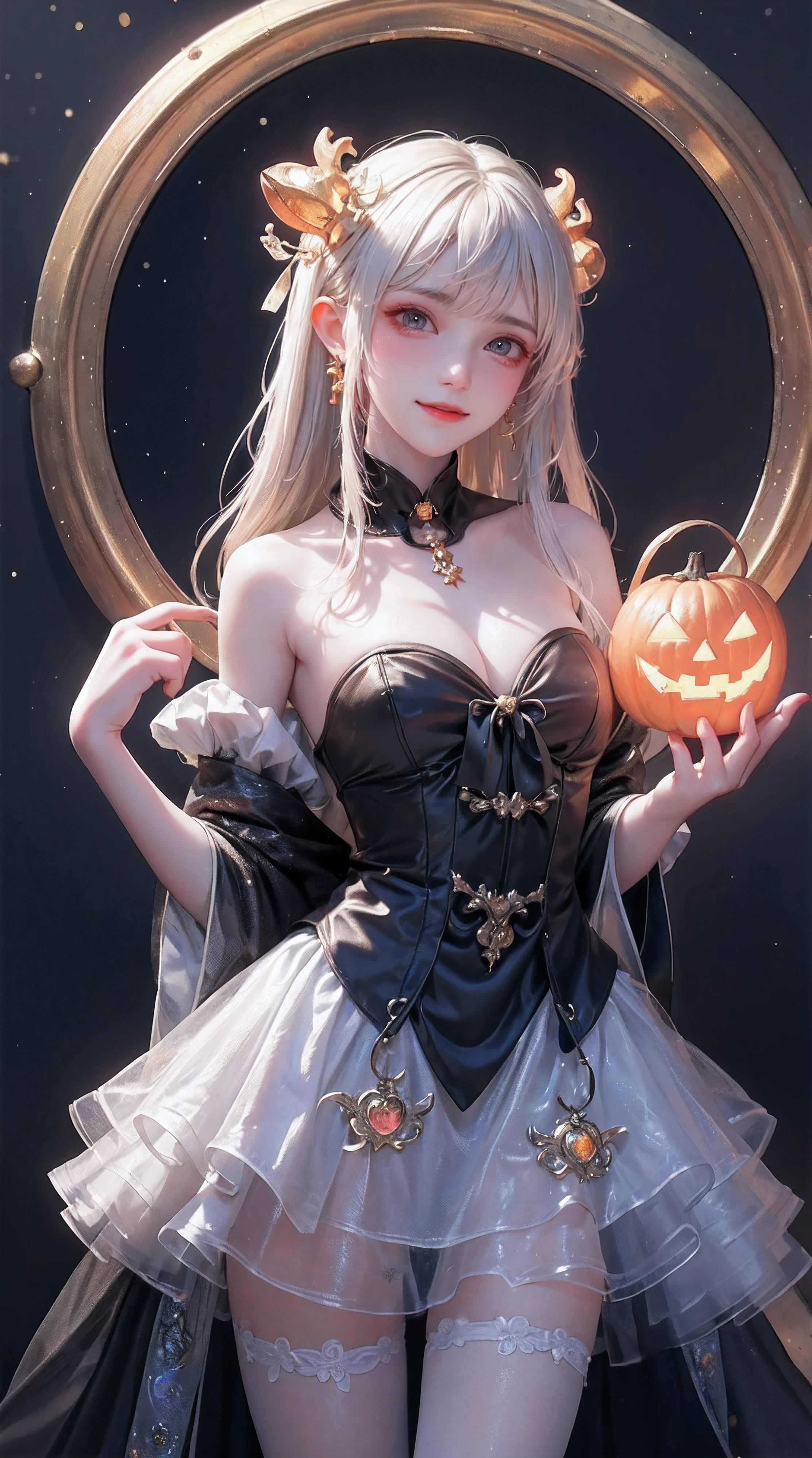 masterpiece,top-quality,top-quality,Beautifully Aesthetic:1.2,Cute glowing jack lantern head girl,can't see the girl's face,halloween night,colourful,high detailed,