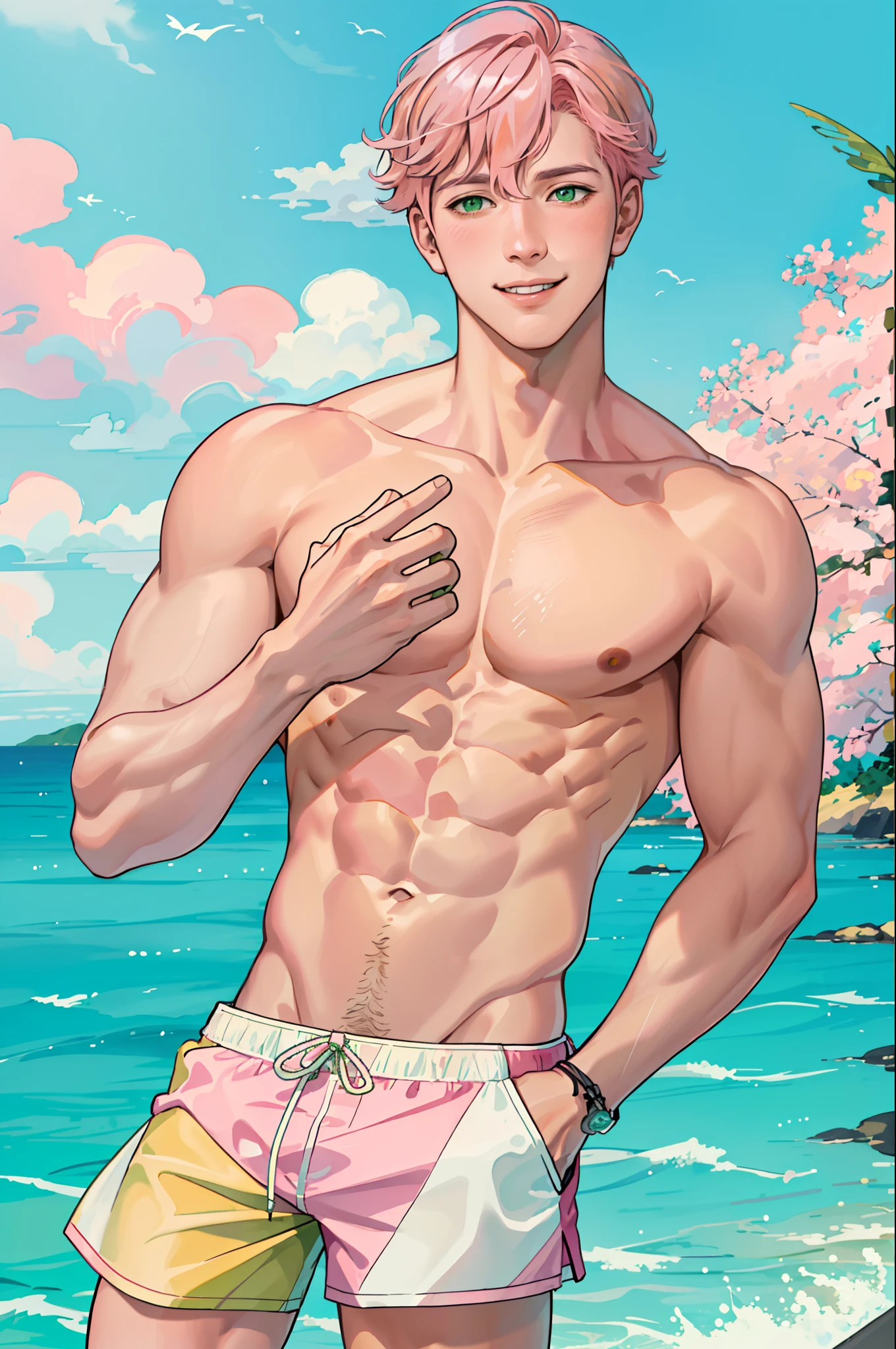masterpiece, best quality, realistic, 1young male,1boy, tall muscular, handsome, gentle, shy, blush, kind, smile, fragile , closed mouth, portrait, extremely detailed face, summer, ((pink hair)), ((green eyes)), wearing Swim shorts, yellow Swim shorts, sea background, summer, muscolar chest, (()), ((sea background))