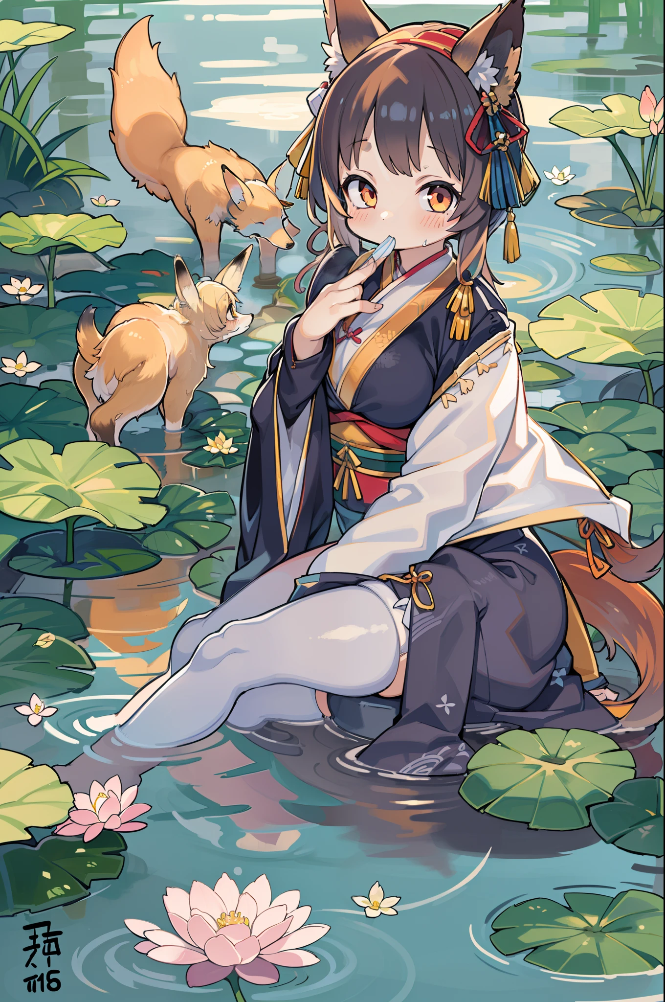 absurderes, hight resolution, ultra-detailliert, (1girl in:1.3), handdraw, Simple line, girl in colorful Chinese han clothes, Sexy girl with fox ears, In the lotus pond, masutepiece, sitting in water, Floating clothes, Floating hair
