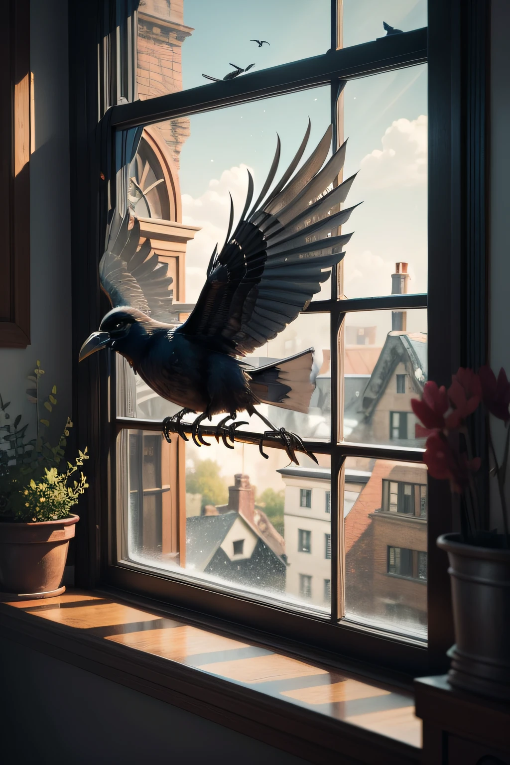 1. The Crow on the Window Sill: An artistic representation of the moment when the narrator opens the window and the crow enters, landing on the sill.