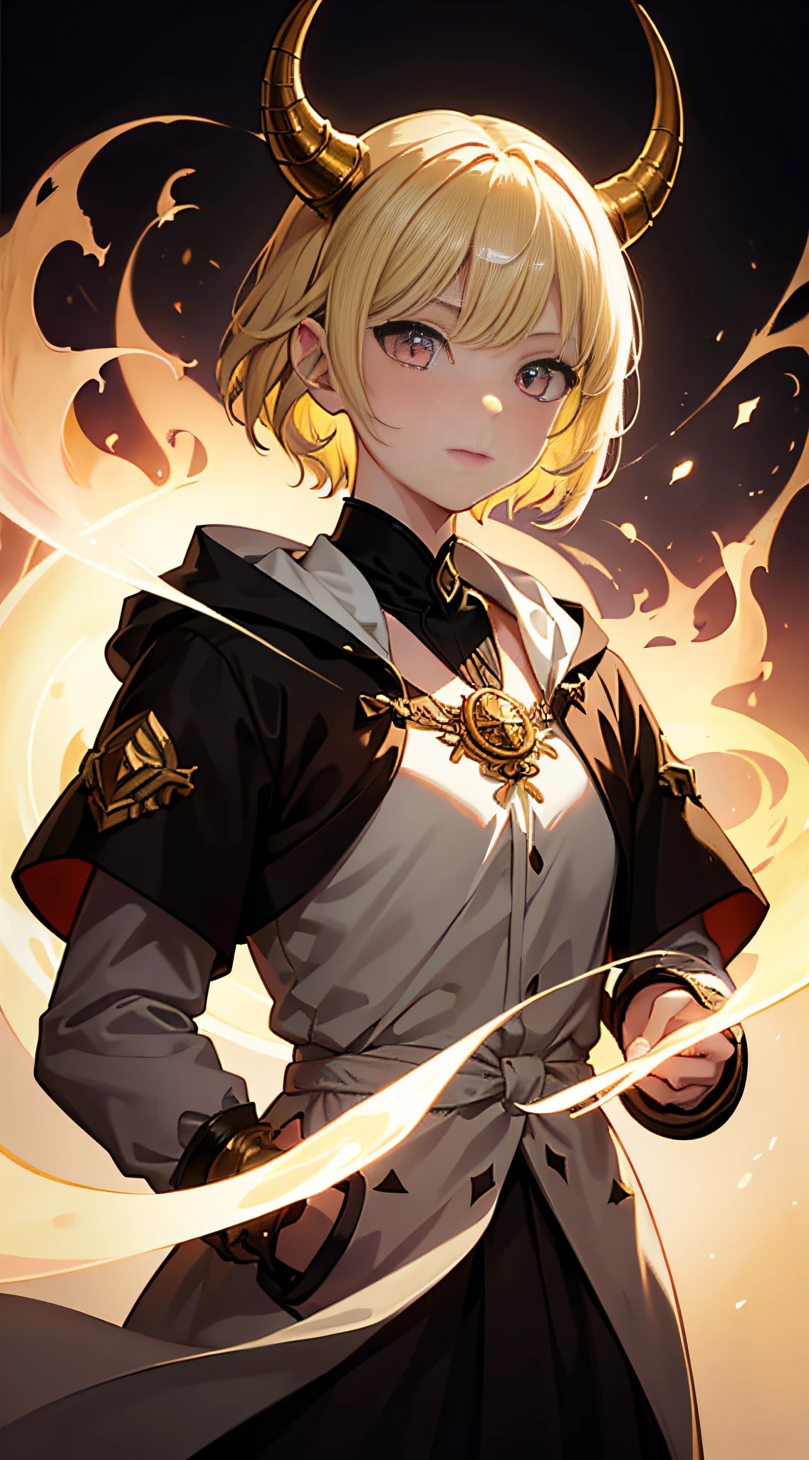 (Girl with dragon horns, Short hair, Light yellow hair), Pink eyes, Shy,Light smile,Reflective, Subtle blush, Black coat, (Best quality, mediating: Oil painting), full bodyesbian, Detailed background, Vibrant colors, Soft lighting, mystical ambiance, Ethereal beauty, Magical elements