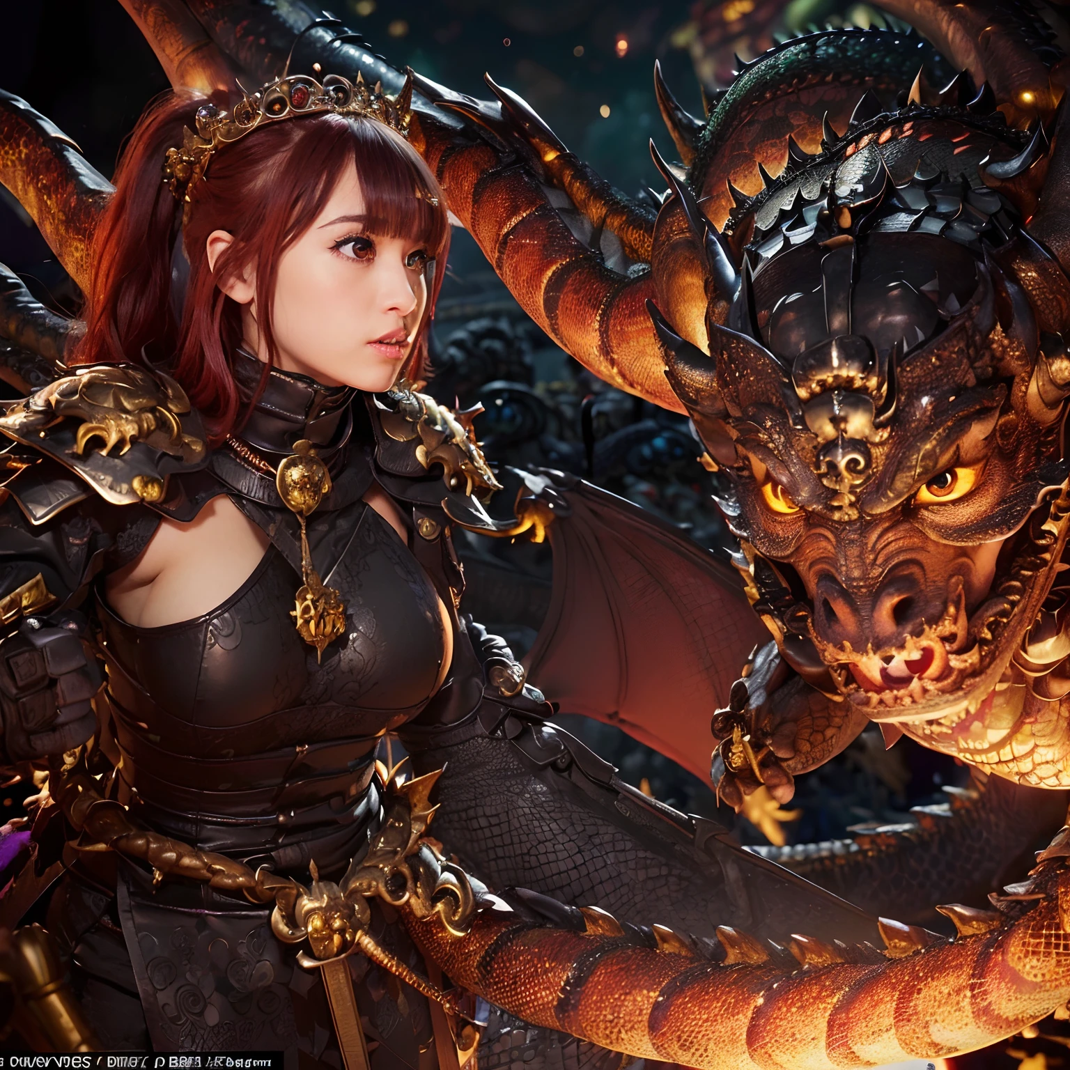(The Ultimate Beauty Face), Professional , masterpiece、top-quality、photos realistic , depth of fields (Gemstone Black Metal Body:1.4),(Matte Black、(cleavage of the breast)、Dragon Gold Weapon,Mystical expression、Particles of light、((((Fight dragons)))、(a beauty girl)、(Dragon Metal Body:1.4),Gorgeous Silver Weapons ,(( Dragon's dense and gorgeous sword)) , Beautiful knife ,warhammer 40k , adepta sororitas,Detail and gorgeous crown、((Red hair))、(Castle background)、、((Gangle's forest background))、Beautiful Caucasian beauty、1a person、dynamic ungle,(((Detailed and ornate Black Devil Crown)))、Smaller head、A smile、Castle background、Thin and beautiful female hands、cleavage of the breast、Soldier in iron armor on background、Mystical expression、Light Effects、intense fighting、Wind-effect、magic circles、With the legendary magic wand、(demonic wings)、