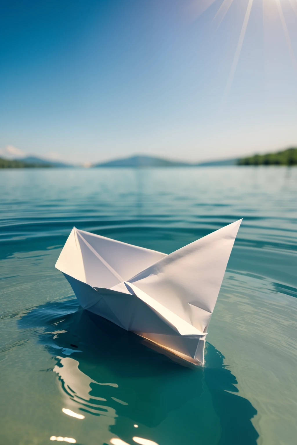 4k, masterpiece, realistic close up of a folded paper boat floating on a lake