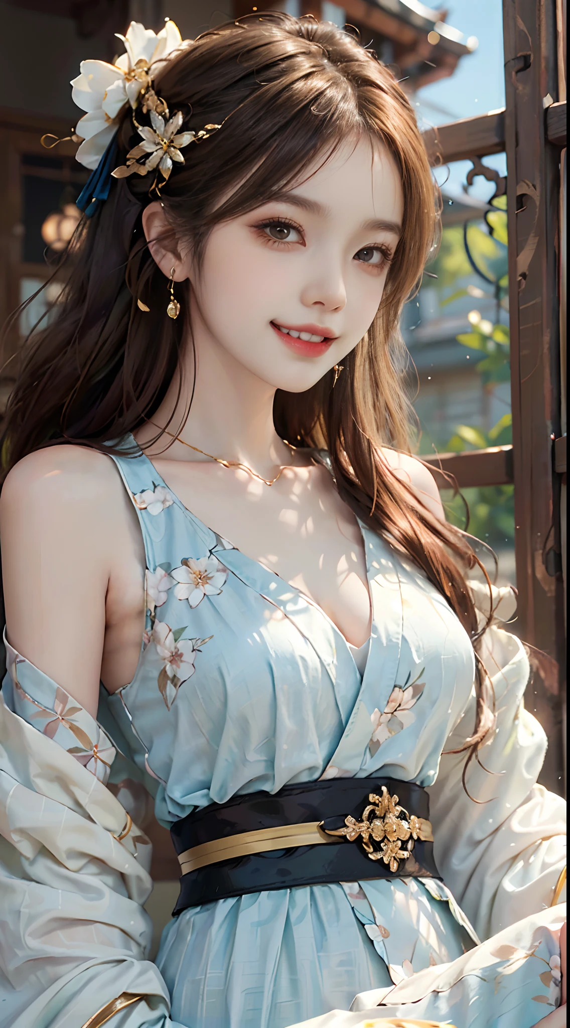 ((upper body)), ((from below)), ((realistic)), 1 Asian female model, A young girl, (Close up), (Being in the room, Sit Pose, Leaning against the dresser), Look out the window, Pleasing posture, Eye-catching poses, Detailed scenes, Coiled hair, Hairpins, Beautiful hair accessories, Brownish-yellow hair, light make-up, Blushlush, Gloss on lips, ((white hanfu, belly-bar, cropped shoulders, Floral, high-waist, Nice belt)), ((warm lights, a warm color palette)), (Extremely high color saturation), Detailed details, ultra-detailliert, (tmasterpiece, best qualtiy), (An extremely delicate and beautiful work), Delicate earrings, Delicate necklace, Simple blurred background, Extreme detail description, Ultra-fine painting, Delicate face, slim toned body, Slimming the waist, (grin, happy grin, Baring teeth), (anatomy correct)