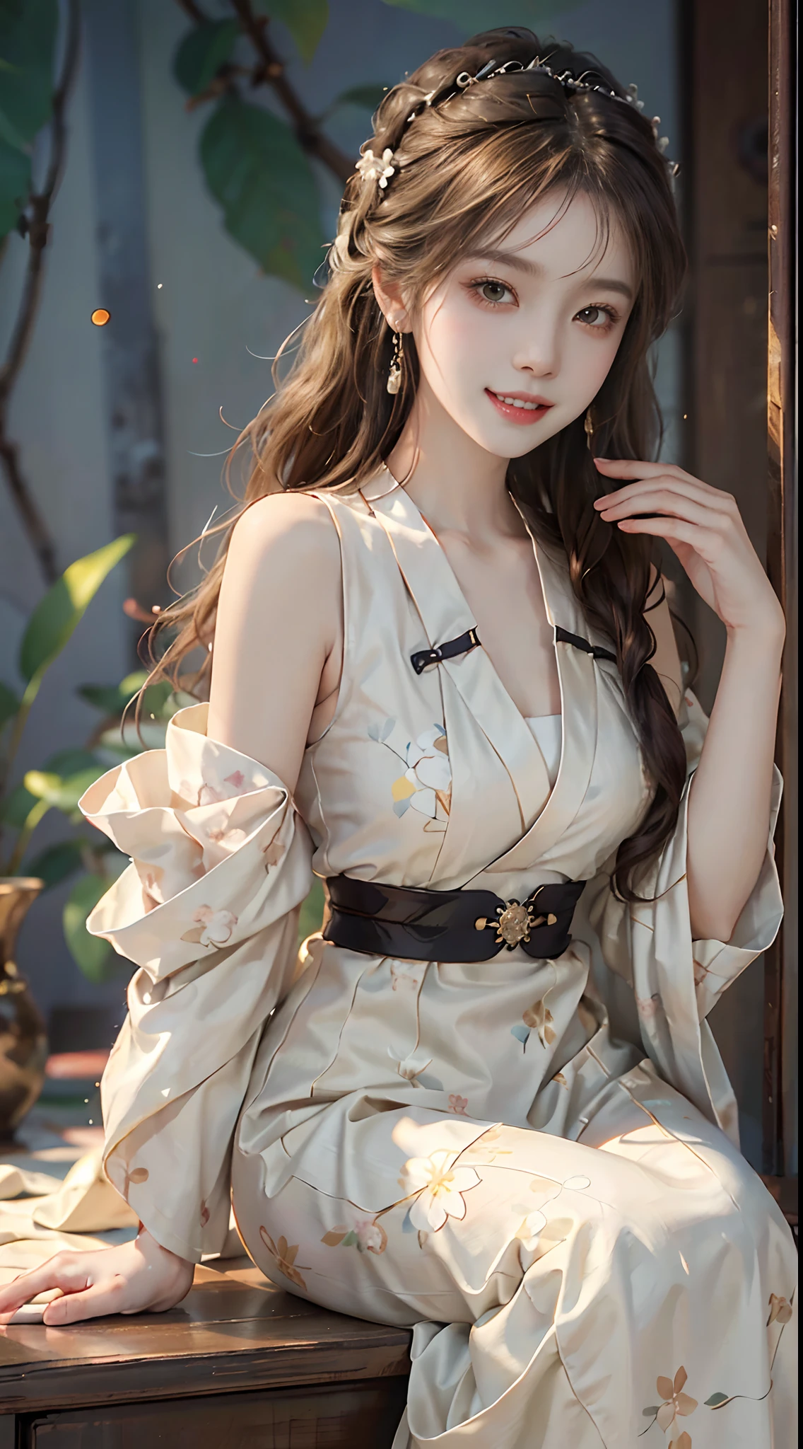 ((upper body)), ((from below)), ((realistic)), 1 Asian female model, A young girl, (Close up), (Being in the room, Sit Pose, Leaning against the dresser), Pleasing posture, Eye-catching poses, Detailed scenes, Coiled hair, Hairpins, Beautiful hair accessories, Brownish-yellow hair, light make-up, Blushlush, Gloss on lips, ((White floral Hanfu, high-waist, Nice belt)), ((warm lights, a warm color palette)), (Extremely high color saturation), Detailed details, ultra-detailliert, (tmasterpiece, best qualtiy), (An extremely delicate and beautiful work), Delicate earrings, Delicate necklace, Simple blurred background, Extreme detail description, Ultra-fine painting, Delicate face, slim toned body, Slimming the waist, (grin, happy grin, Baring teeth), (anatomy correct)