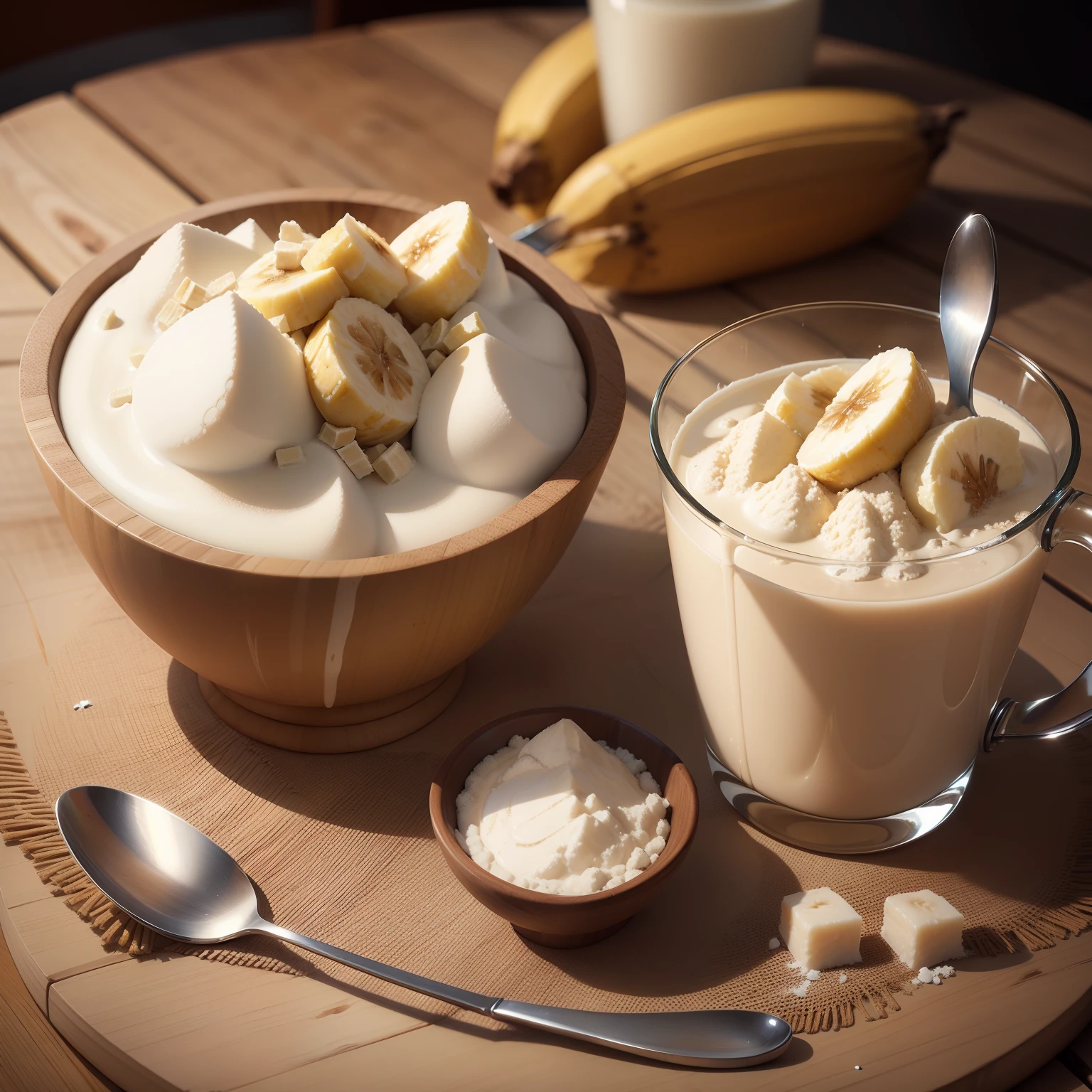 Wheaties with bananas, sugar, lactose free milk and a spoon, concept art, 4k