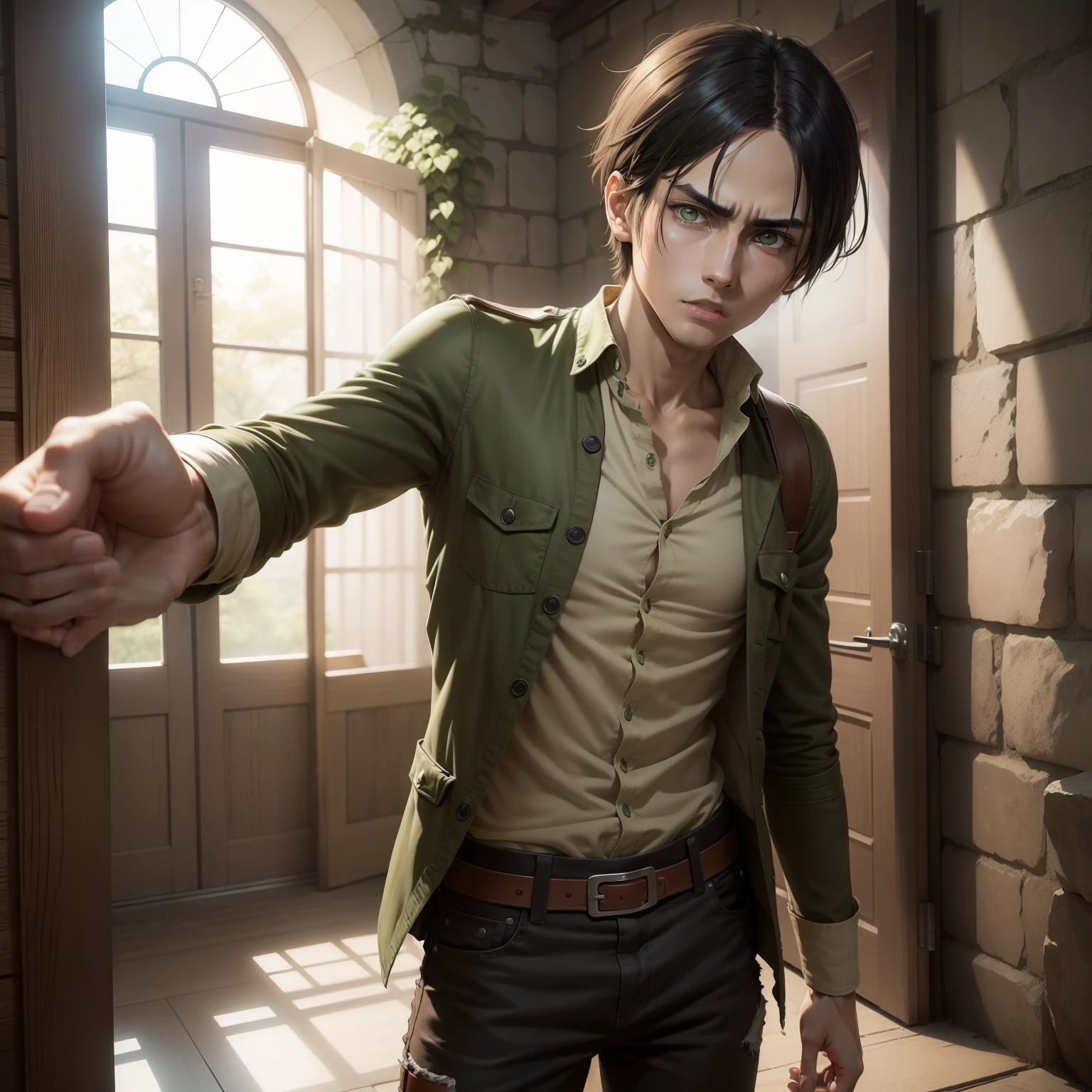 Eren Yeager、Masterpiece、Top image quality、Attack on Titan、ar old、Young handsome man、Isayama's style、Attack on Titan、green colored eyes、Honest personality、Competitive、1boy、German、realistic